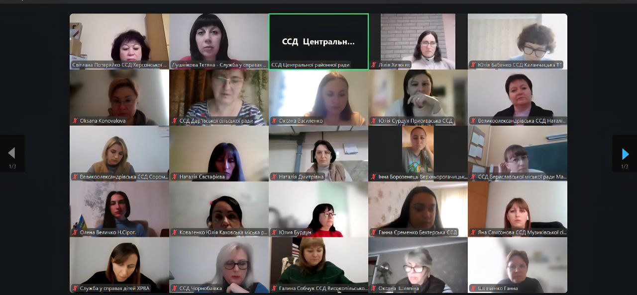 Скріншот з онлайн-конференції (відеозустрічі) у форматі сітки, де відображено 20 вікон учасниць. Більшість учасниць – жінки, частина з яких ідентифікована як представниці ССД (Служб у справах дітей) та інших соціальних служб, що видно з підписів.