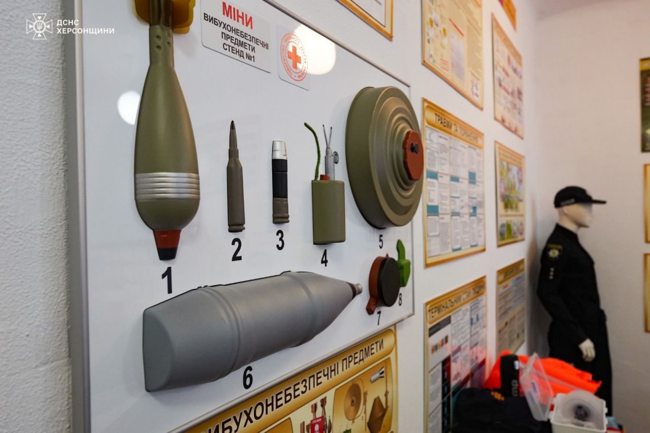 Навчальний стенд №1 МІНИ ВИБУХОНЕБЕЗПЕЧНІ ПРЕДМЕТИ, на якому представлені макети вибухонебезпечних предметів, включаючи мінометну міну (1), патрон (2), запал (4), протитанкову міну (5) та артилерійський снаряд (6). Поруч видно частину іншого навчального стенду та манекен у чорній формі.