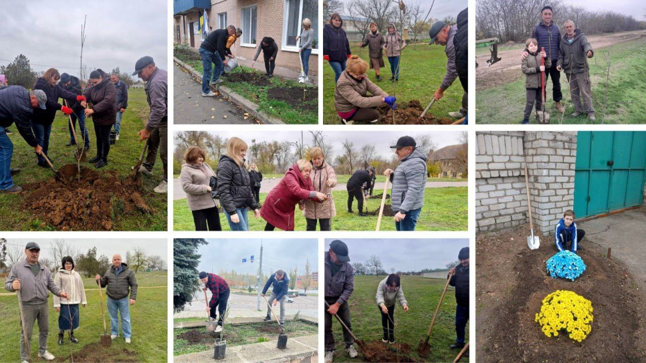 Колаж, що ілюструє громадську акцію з озеленення. На фотографіях групи людей садять дерева, поливають саджанці та працюють лопатами, а на одному кадрі дитина сидить поруч із посадженими жовтими та синіми квітами.