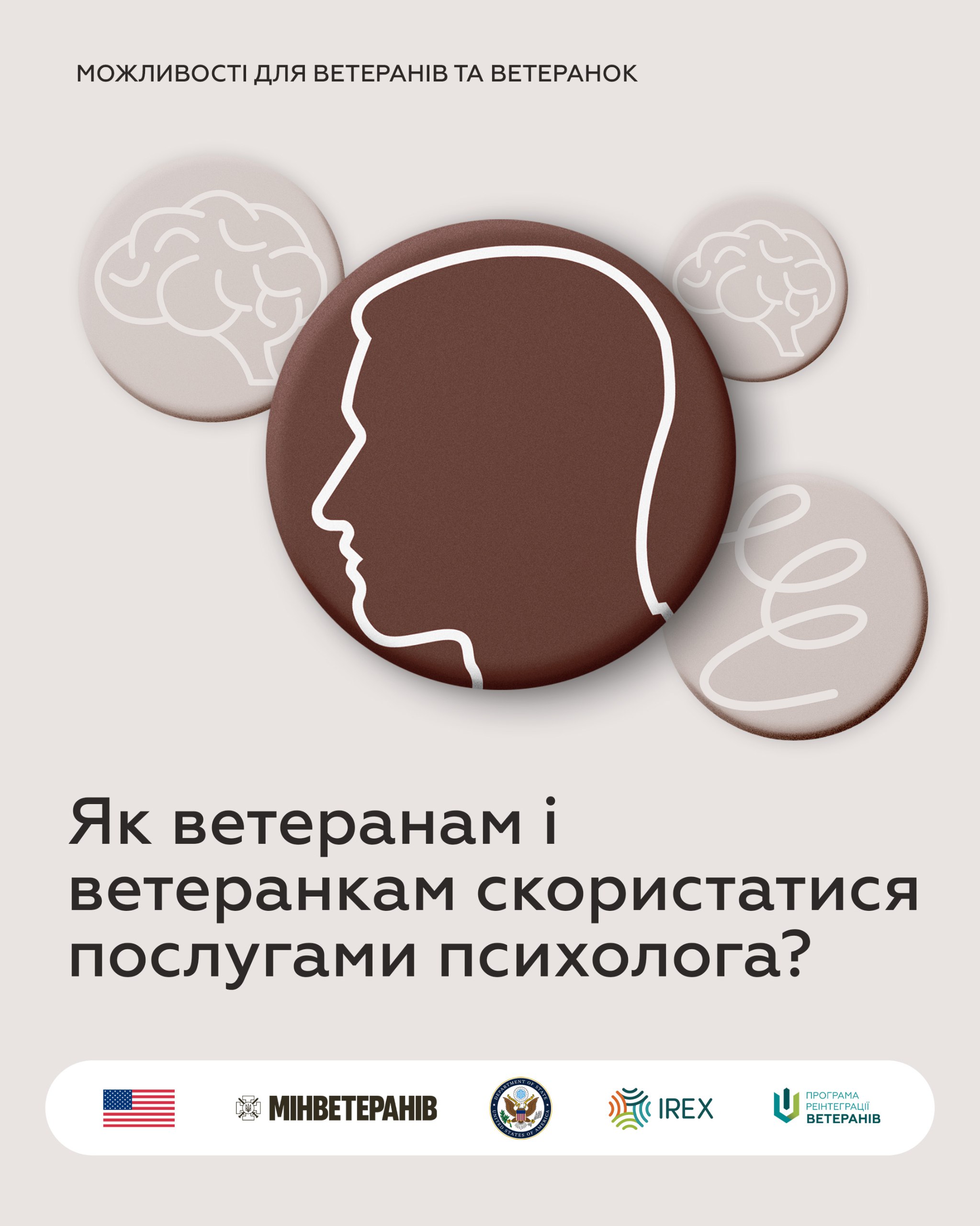 Плакат про можливості для ветеранів та ветеранок. Назва: Як ветеранам і ветеранкам скористатися послугами психолога?. На зображенні силует голови людини в центрі та схематичні зображення мозку і каракулі. Внизу логотипи: Прапор США, Мінветеранів, Бюро у справах ветеранів (VA), IREX та Програма Реінтеграції Ветеранів.