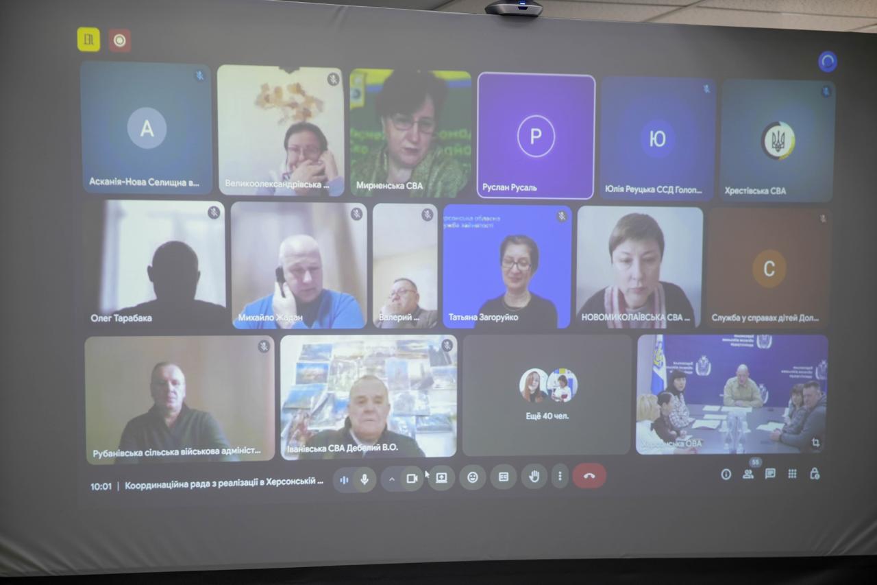 Фотографія демонструє онлайн-конференцію в режимі сітки на проєкційному екрані. Видно кілька учасників у їхніх віконцях відеозв'язку, частина з них підписана іменами та назвами організацій.