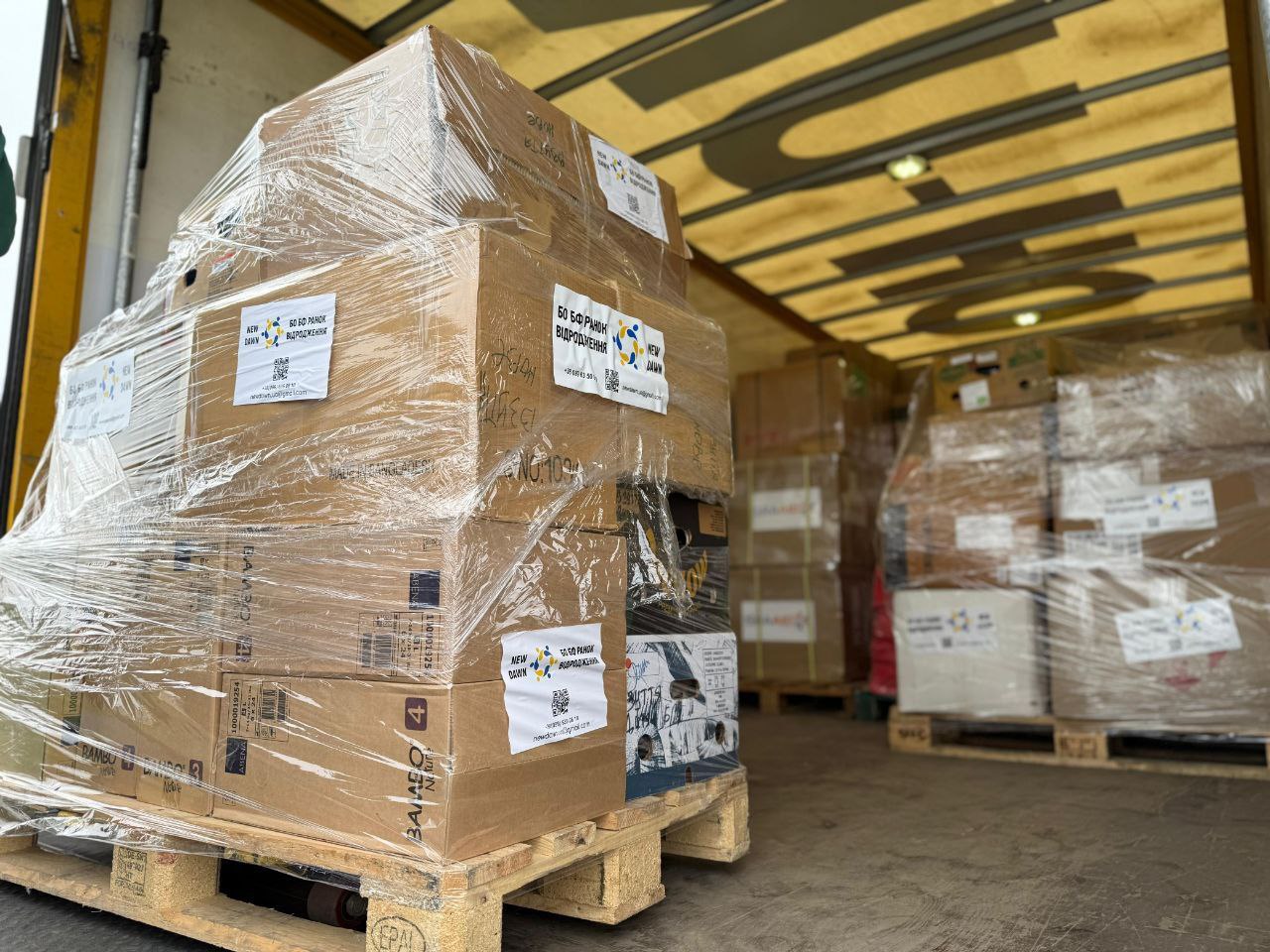 Крупний план палет із коричневими картонними коробками, обмотаними плівкою, які завантажені всередину вантажівки. На коробках є білі наліпки з логотипом: SO GO PHNIX та написом: Нью-Йорк (New York) і QR-кодами.