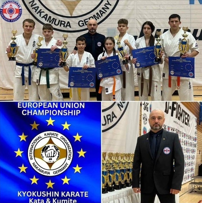 Здвоєне зображення, присвячене чемпіонату Європейського Союзу з кіокушин-карате. Вгорі: групове фото тренера та шістьох молодих спортсменів у кімоно, які тримають кубки та дипломи. Внизу ліворуч: синя емблема з написом: European Union Championship Kyokushin Karate Kata & Kumite. Внизу праворуч: портрет чоловіка-тренера у чорному костюмі на тлі низки кубків.