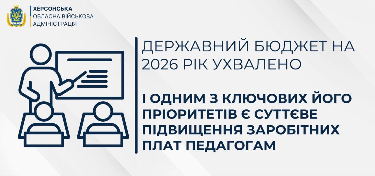 Зображення про ухвалення державного бюджету на 2026 рік із пріоритетом підвищення зарплат педагогам.