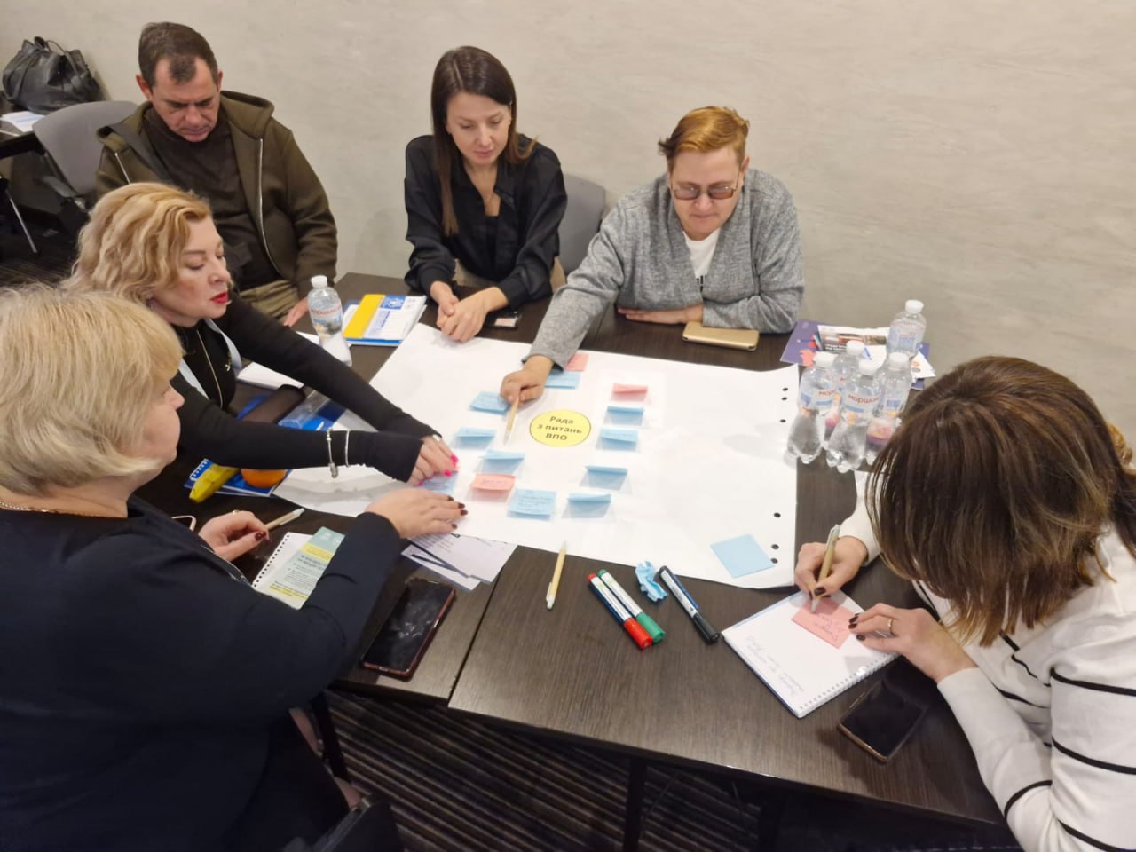 Шість осіб (п'ять жінок і один чоловік) сидять за столом, обговорюючи щось над великим аркушем паперу. На аркуші – жовті та рожеві наліпки-стікери. На столі також є пляшки з водою та маркери.