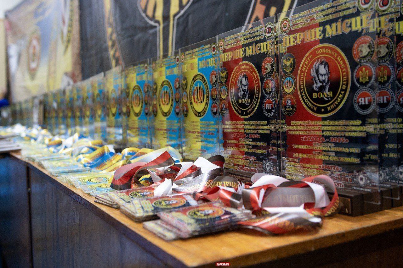 Нагороди та медалі, включаючи акрилові трофеї з написами та стрічками, розкладені на дерев'яному столі.