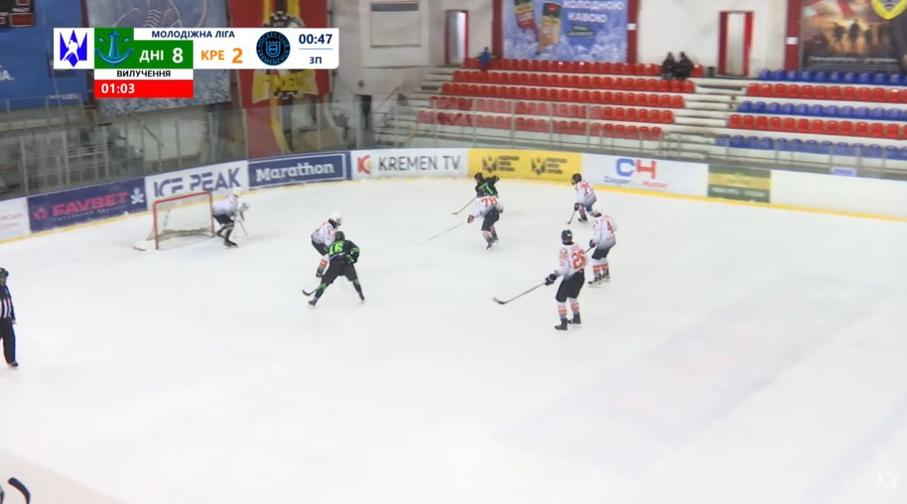 Знімок хокейного матчу Молодіжної ліги. На льоду гравці в чорно-зеленій та помаранчево-білій формі. На табло видно рахунок 8:2 на користь однієї з команд.