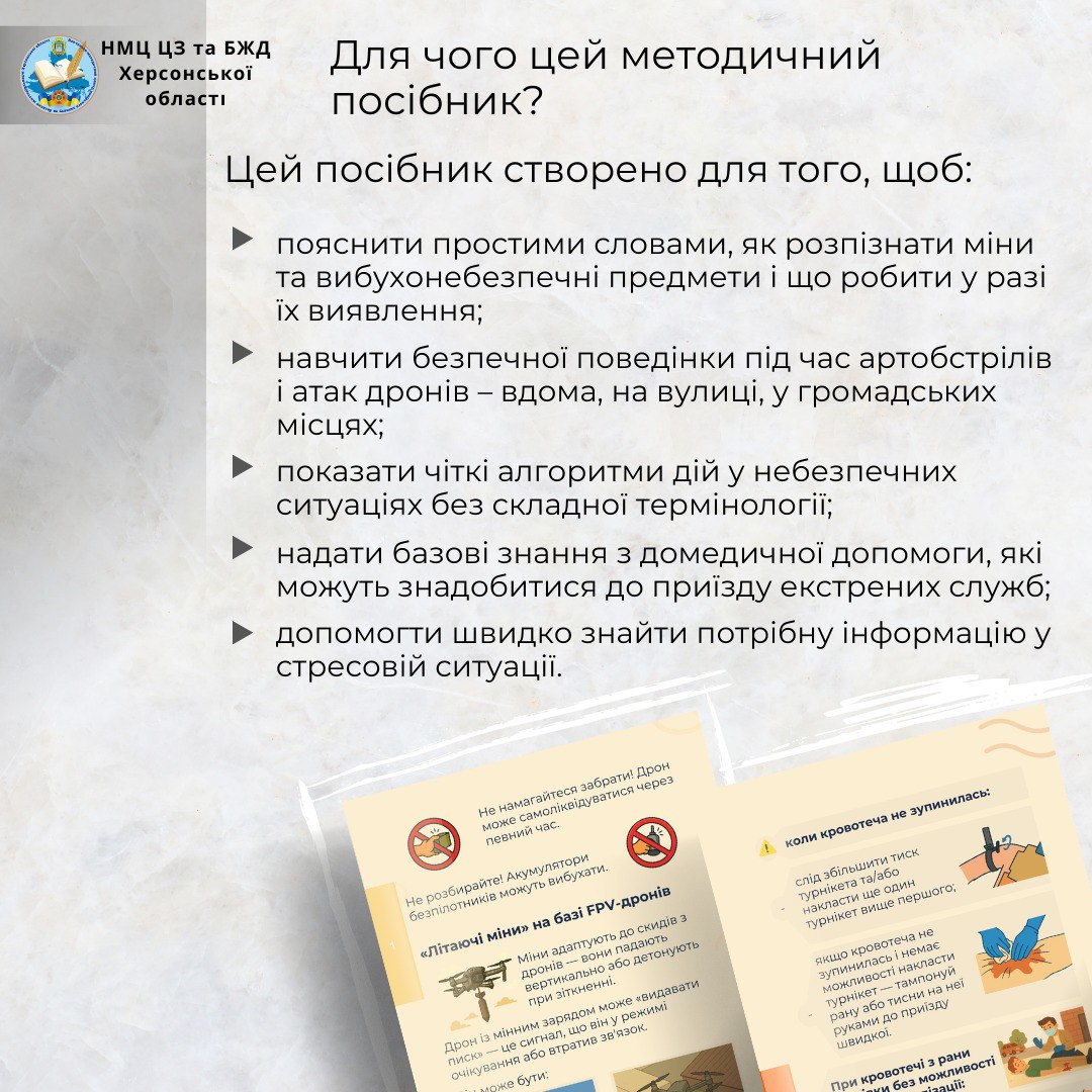 Інформаційний слайд із переліком цілей методичного посібника з безпеки. Текст описує навчання розпізнаванню мін, правилам поведінки під час обстрілів та наданню домедичної допомоги. У нижній частині зображені приклади сторінок посібника з ілюстраціями про небезпеку дронів та зупинку кровотечі.