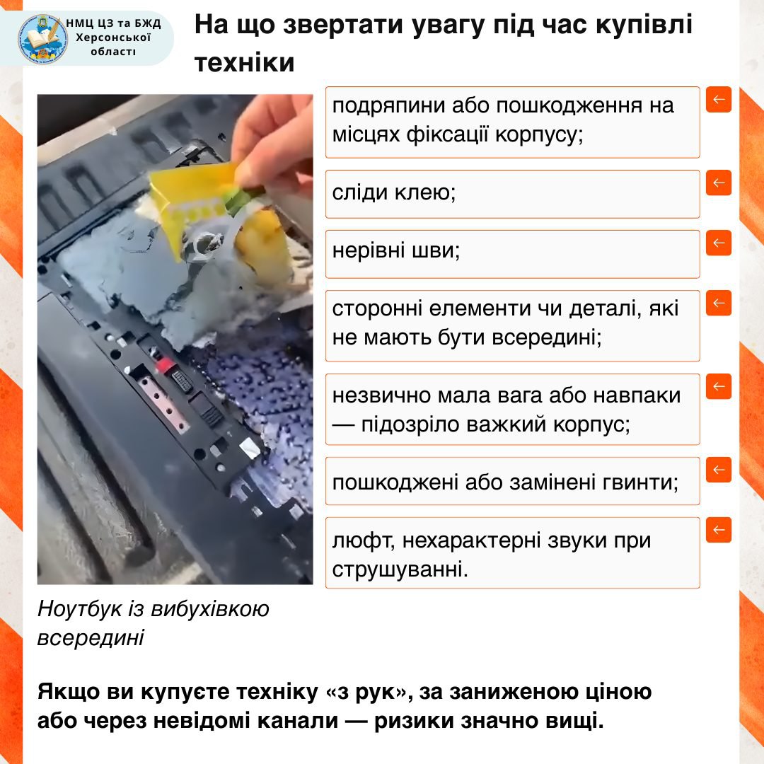 Інфографіка з переліком ознак, на які варто звертати увагу при купівлі техніки «з рук» для уникнення мінної небезпеки: пошкодження корпусу, сліди клею, нетипова вага або звуки. На фото показано розібраний ноутбук із замаскованою вибухівкою всередині.
