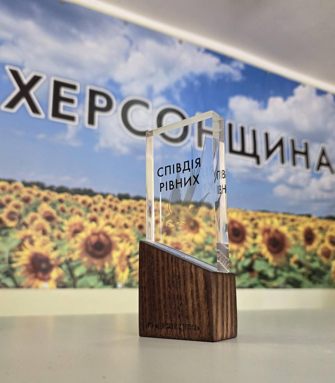 Скляна нагорода на дерев'яній підставці з написом «СПІВДІЯ РІВНИХ» стоїть на столі. На фоні розташований плакат із великим написом «ХЕРСОНЩИНА» на фоні поля соняшників та синього неба.