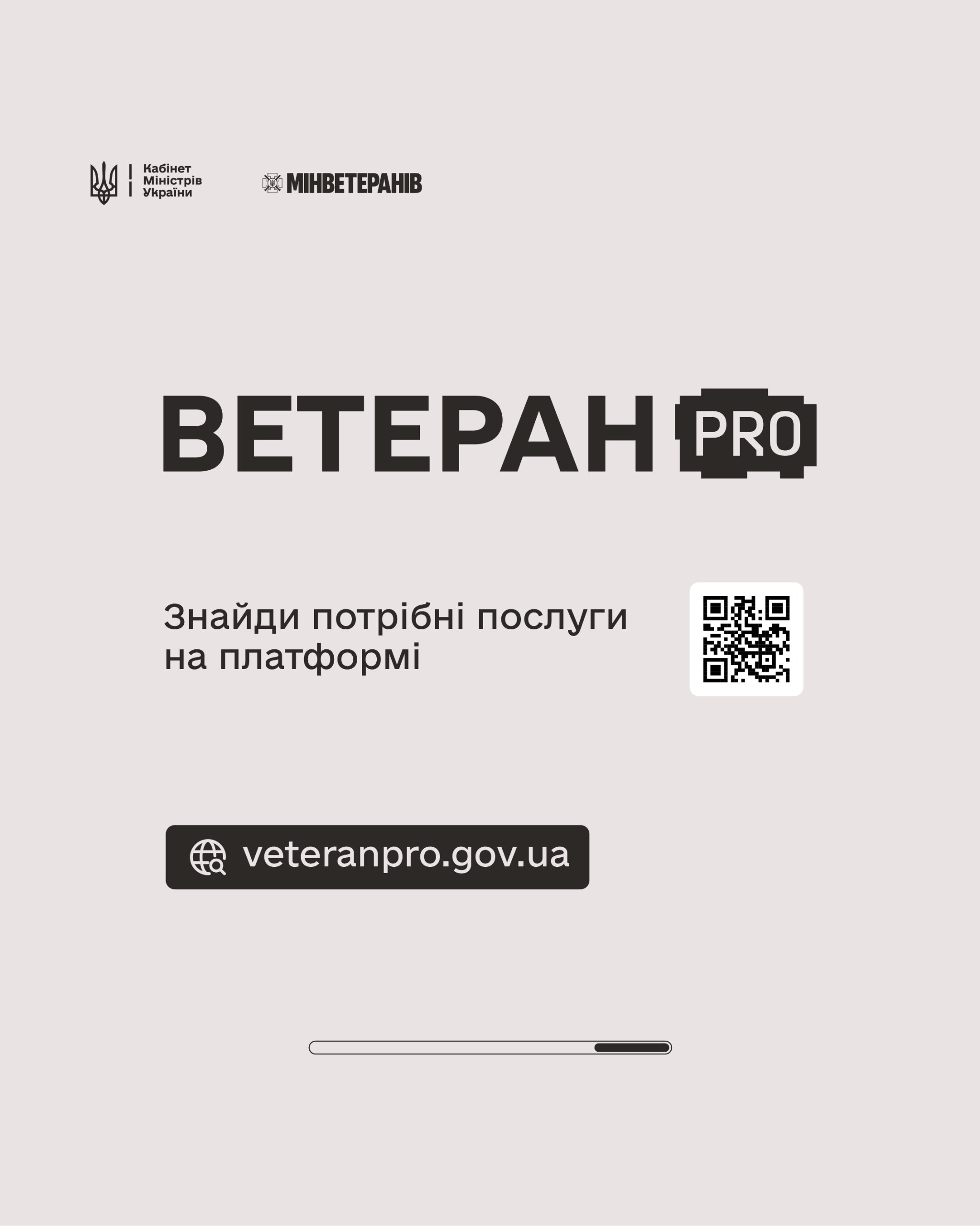 Інформаційний плакат світло-сірого кольору з логотипами Кабінету Міністрів України та Мінветеранів. У центрі великий напис «ВЕТЕРАН PRO», нижче — текст «Знайди потрібні послуги на платформі» поруч із QR-кодом. У нижній частині вказана адреса сайту veteranpro.gov.ua.