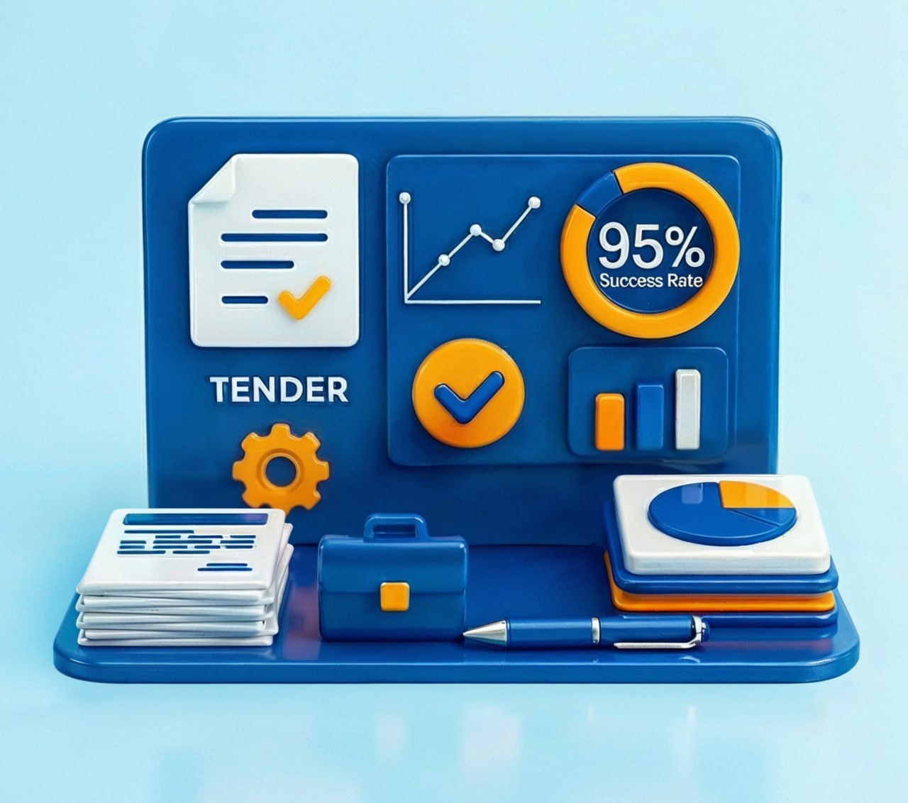 3D-ілюстрація у синьо-жовтих кольорах, що символізує успішний процес тендерних закупівель. На панелі зображено графіки, напис «TENDER» з відміткою виконання, показник успіху «95% Success Rate», стопку документів, портфель та ручку.