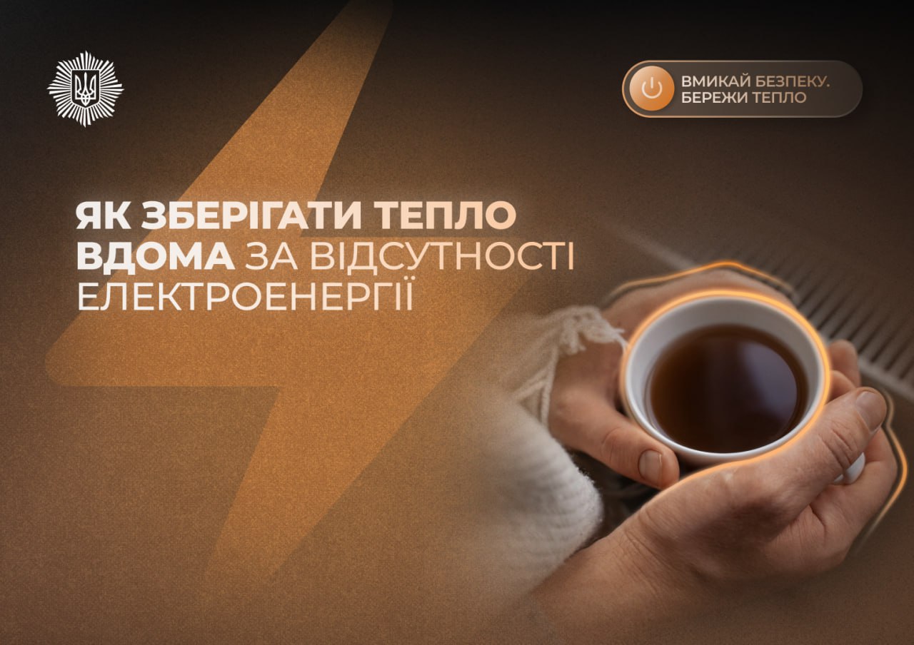 Заголовне зображення інфографіки з написом «Як зберігати тепло вдома за відсутності електроенергії». На фото руки тримають чашку теплого напою.