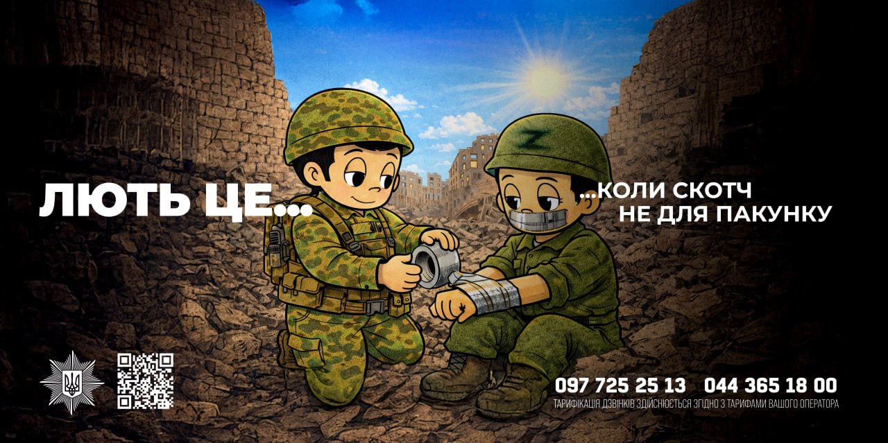 Ілюстрація в стилі коміксу, на якій український військовий у камуфляжі зв’язує руки скотчем полоненому солдату з літерою «Z» на шоломі та заклеєним ротом. У кутку розміщено логотип СБУ, QR-код та номери телефонів гарячої лінії.