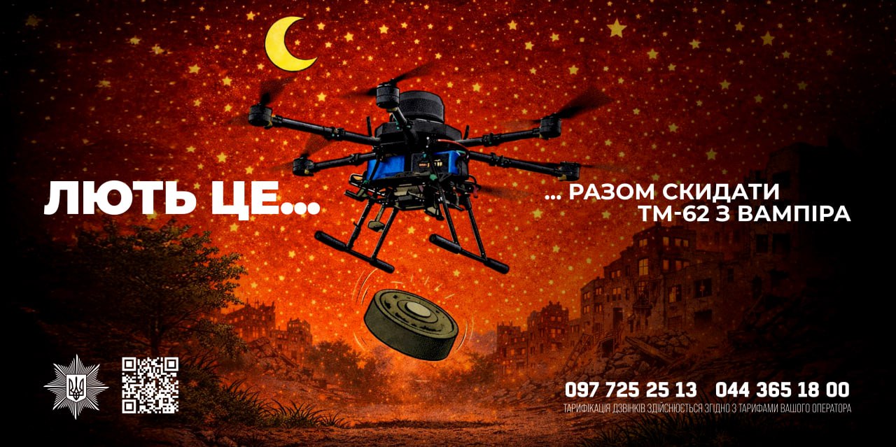 Ілюстрація з українським важким дроном «Вампір» на фоні нічного зоряного неба, який скидає протитанкову міну ТМ-62 на фоні зруйнованого міста. На зображенні присутній текст «ЛЮТЬ ЦЕ... РАЗОМ СКИДАТИ ТМ-62 З ВАМПІРА», номери телефонів та емблема Національної поліції України.