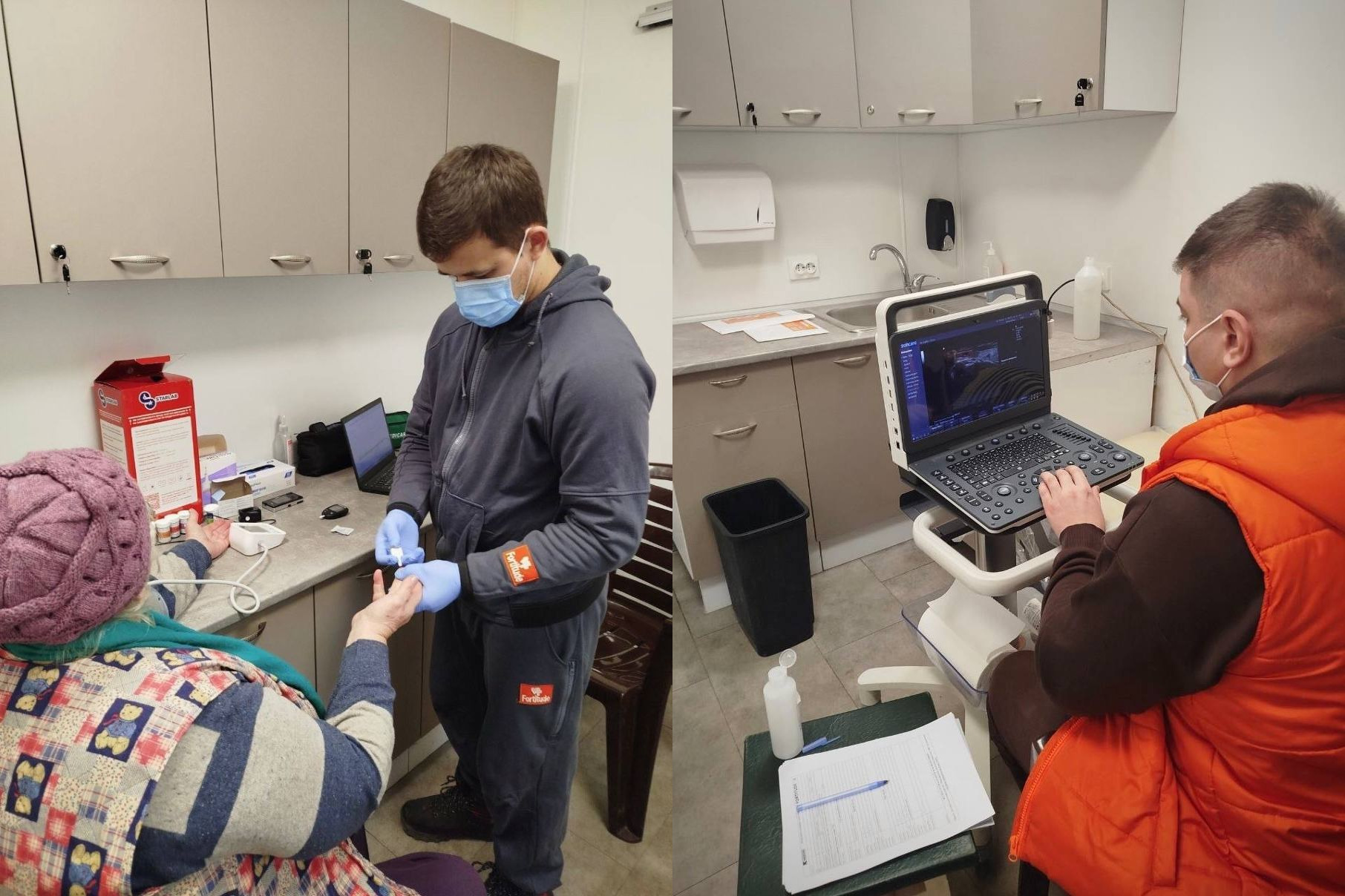 Колаж із двох фотографій, що демонструють процес медичного огляду пацієнтів у кабінеті. На лівому знімку медичний працівник у захисній масці та рукавичках робить забір аналізу крові з пальця пацієнтки. На правому знімку фахівець проводить ультразвукове дослідження за допомогою портативного апарату УЗД, вивчаючи зображення на моніторі.