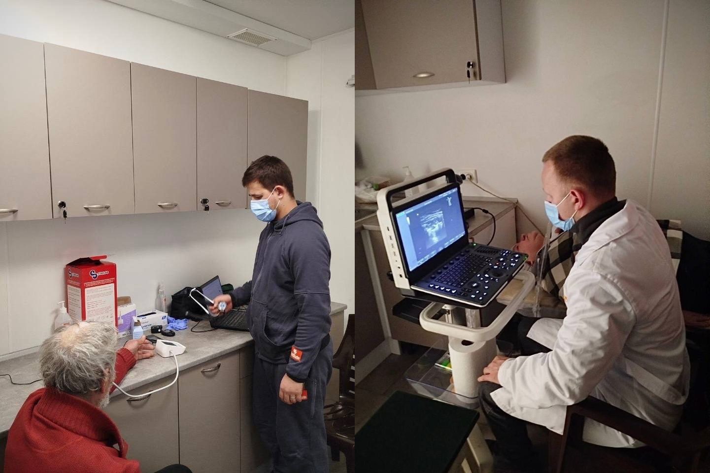Колаж із двох фотографій, що ілюструють медичне обстеження пацієнтів у кабінеті. На лівому знімку медичний працівник у масці вимірює тиск літньому чоловікові. На правому знімку лікар у білому халаті та масці проводить ультразвукове дослідження пацієнту, який лежить на кушетці; на екрані апарату УЗД видно результати сканування.