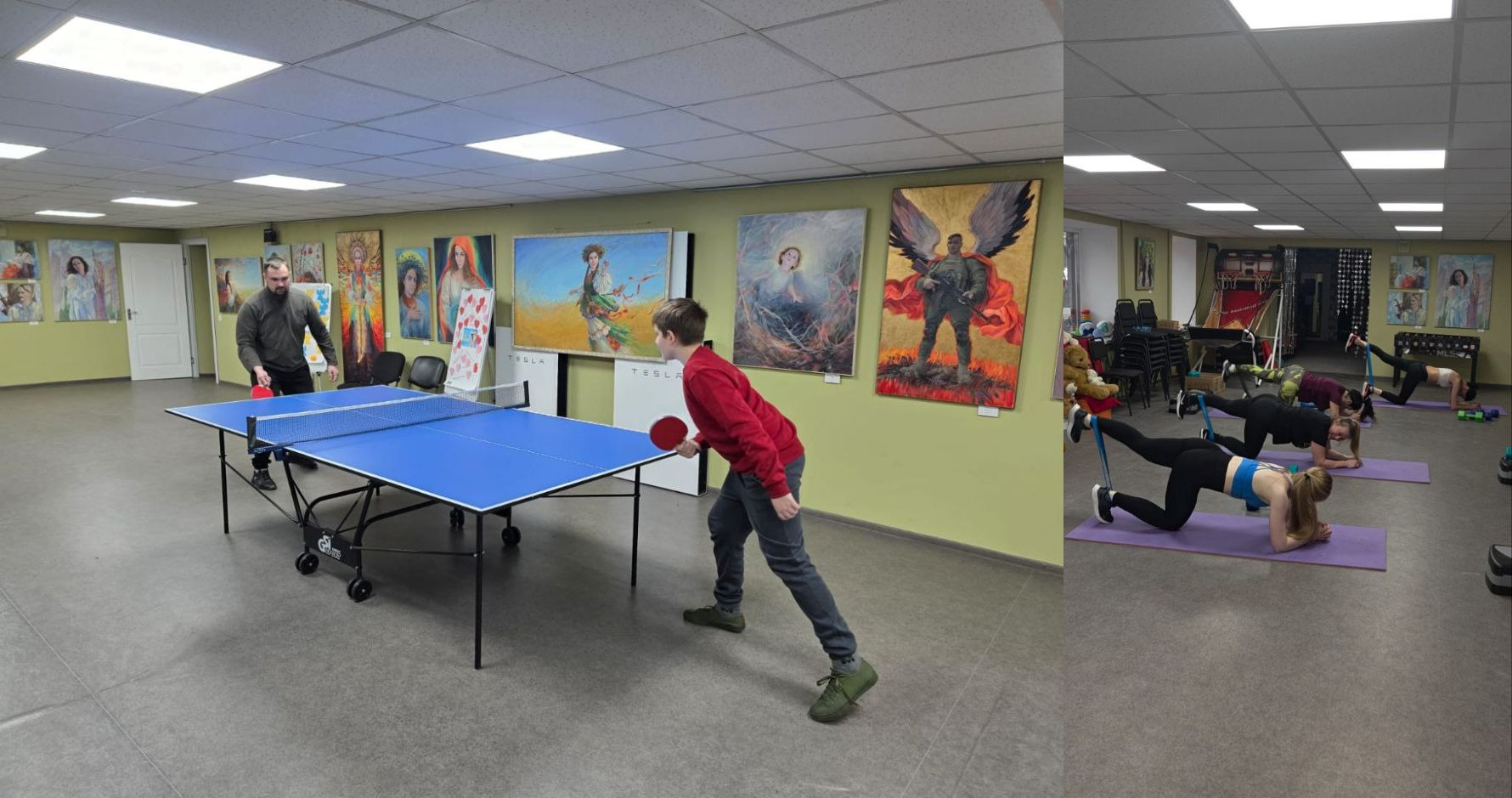 Колаж із двох зображень, що демонструють активне дозвілля. Зліва двоє людей грають у настільний теніс у великому залі, стіни якого прикрашені художніми картинами. Справа група жінок виконує вправи на килимках для фітнесу в тому ж приміщенні.