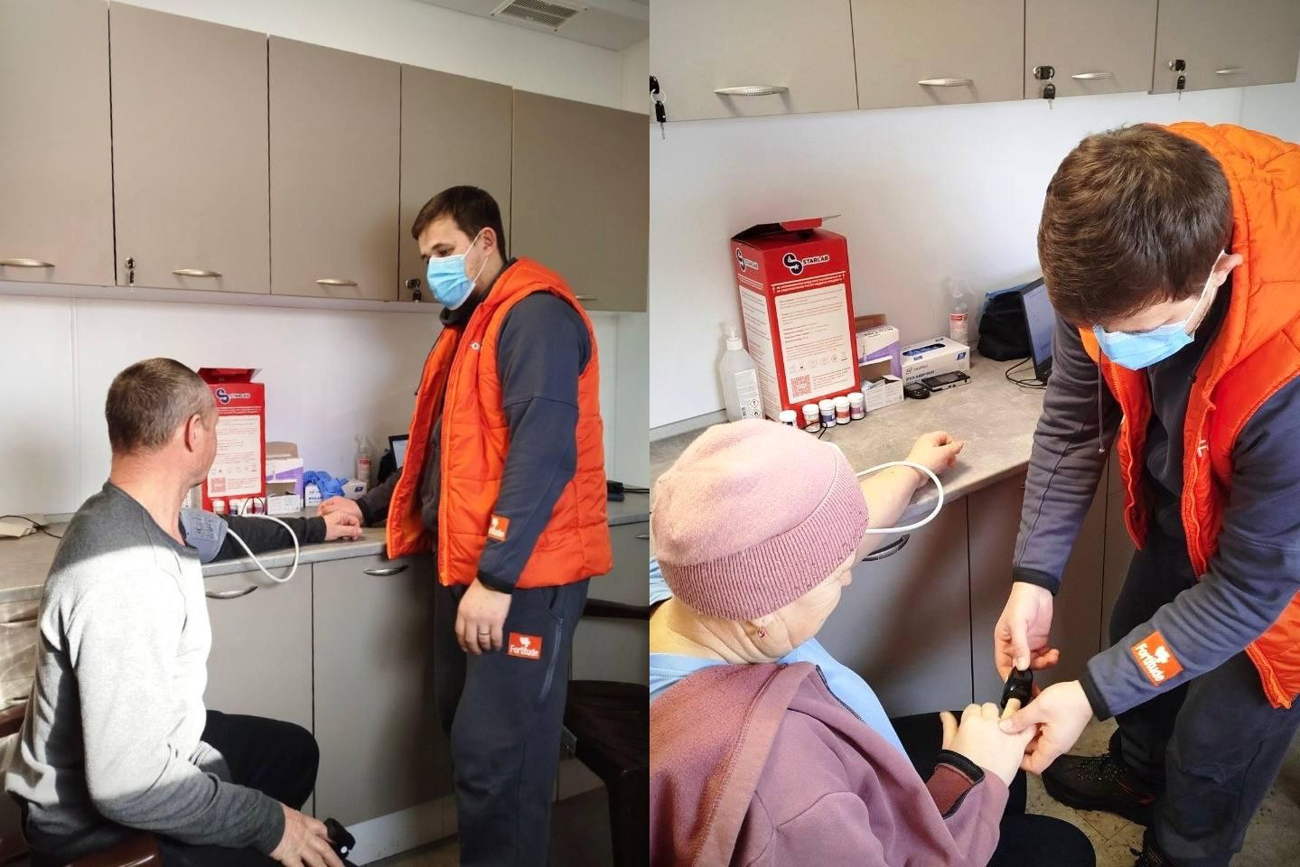 Колаж медичного огляду: медик у помаранчевому жилеті вимірює тиск та рівень сатурації пацієнтам.