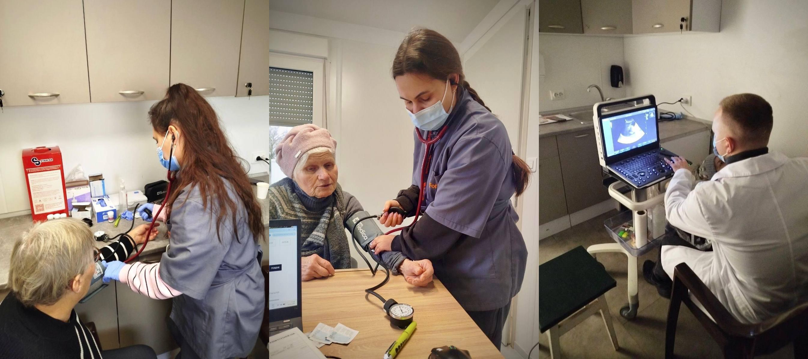 Колаж із медичного кабінету: ліворуч та в центрі — медсестри вимірюють тиск пацієнткам похилого віку, праворуч — лікар проводить УЗД-діагностику.