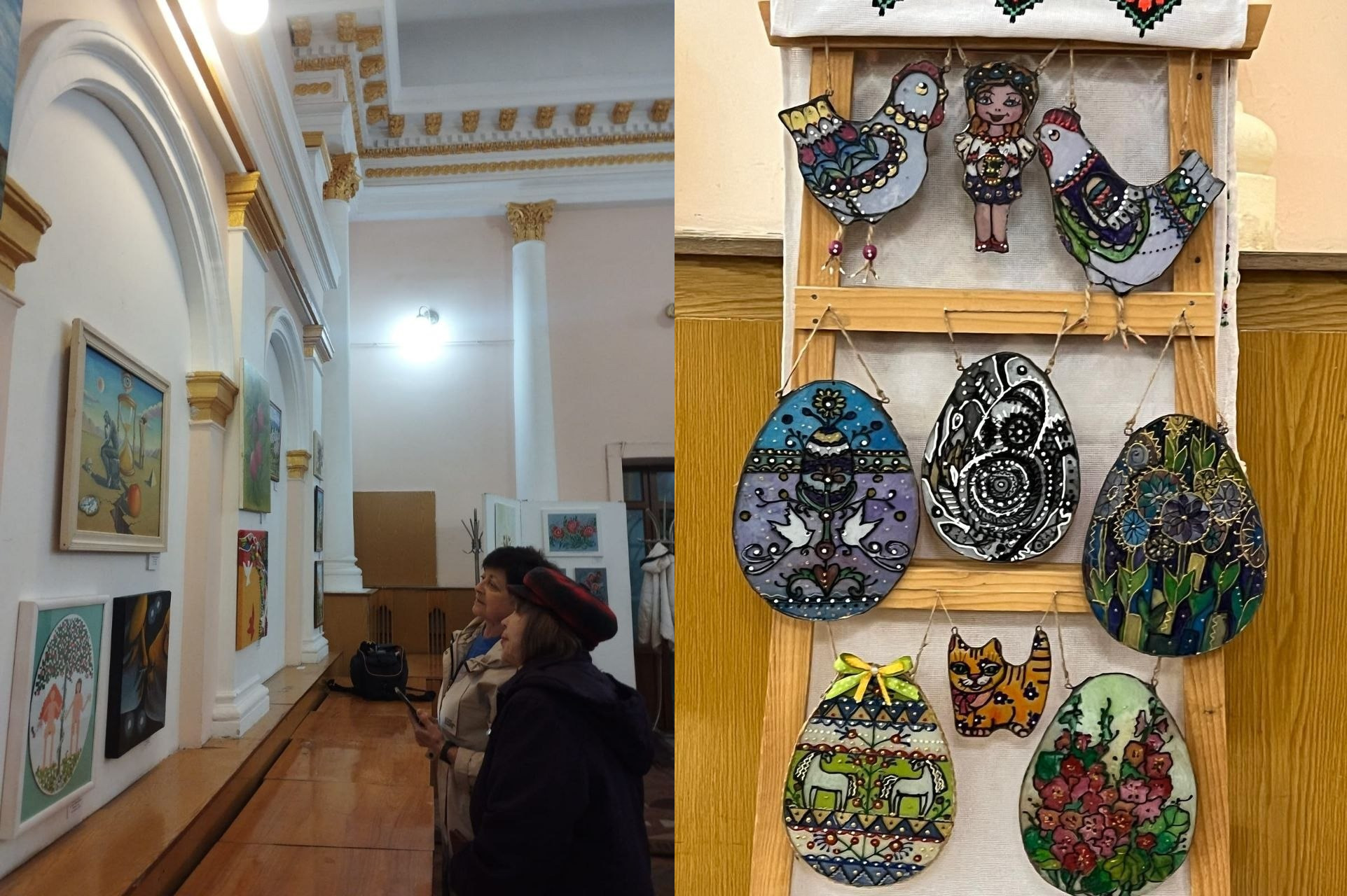 Колаж із двох фото: ліворуч — відвідувачі розглядають художню виставку в залі з високою стелею та колонами; праворуч — дерев’яний стенд із декоративними підвісками у формі розписаних птахів, писанок та фігурок.
