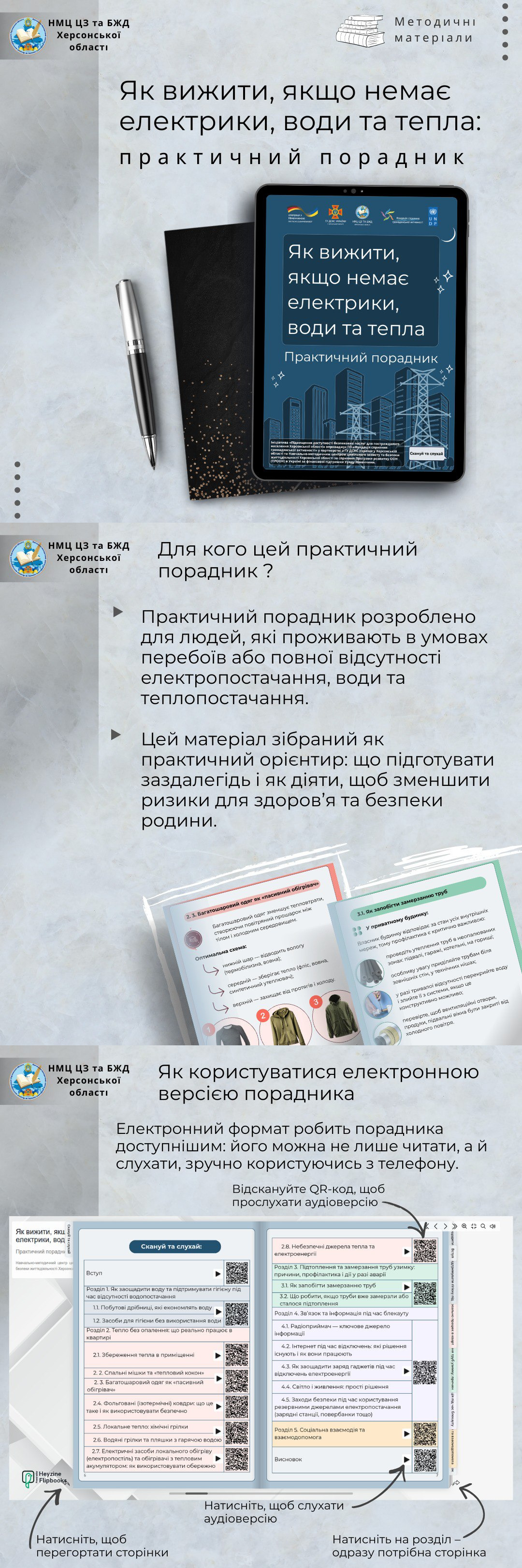 Інформаційний плакат про порадник «Як вижити без світла, води та тепла». Містить опис посібника, зразки сторінок з ілюстраціями та QR-коди для доступу до електронної й аудіоверсії.