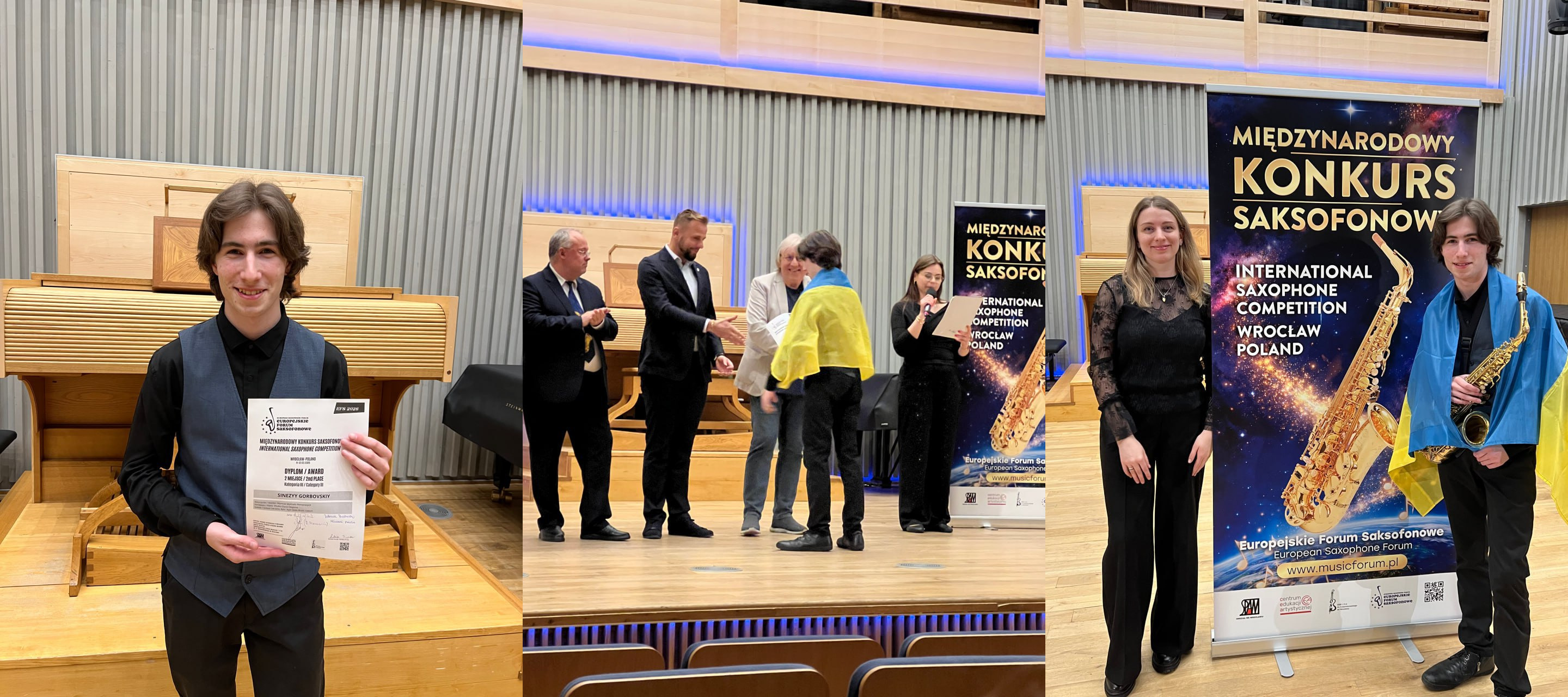 Колаж із трьох фото з нагородження на Міжнародному конкурсі саксофоністів у Вроцлаві: молодий чоловік з дипломом, моменти вручення нагород на сцені та фінальне фото з українським прапором і саксофоном.