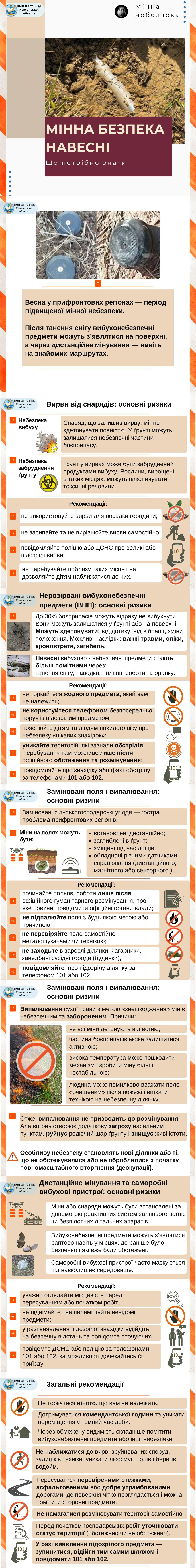 Інформаційна інфографіка від ДСНС України про мінну безпеку навесні. Містить правила поведінки при виявленні вибухонебезпечних предметів, ілюстрації різних типів мін, попереджувальних знаків та алгоритм дій для збереження життя.