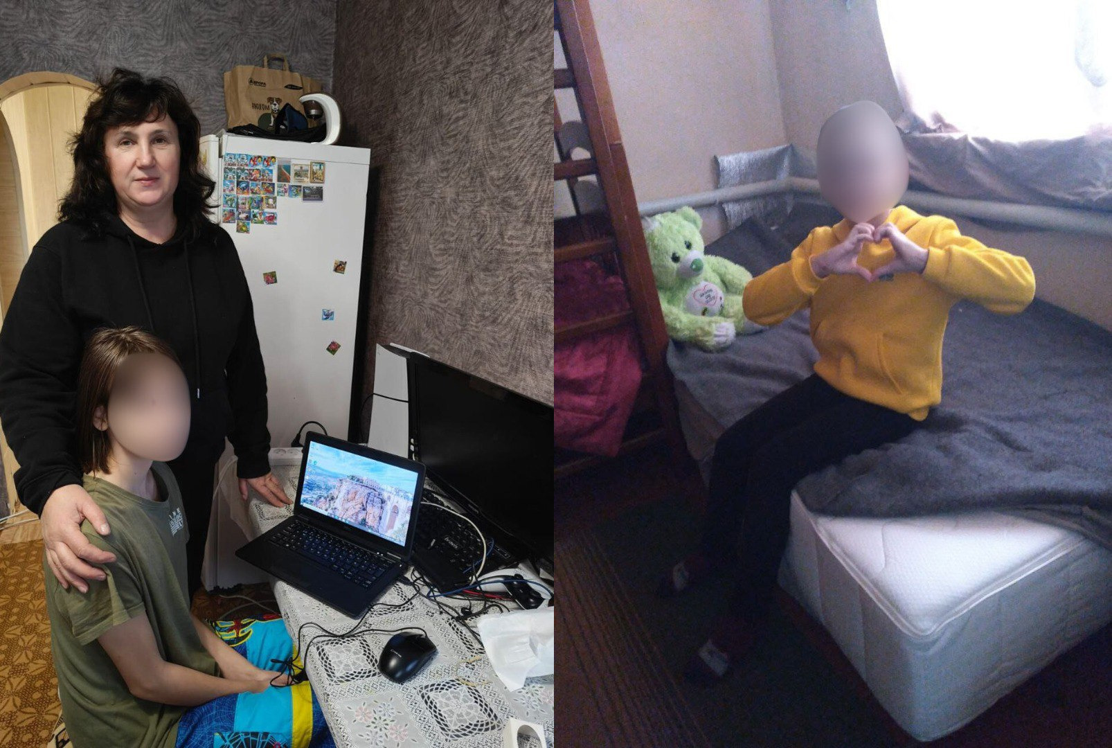 Колаж із двох фотографій, що ілюструють допомогу сім'ям. На першому знімку доросла жінка та дитина стоять поруч із робочим столом, на якому встановлено ноутбук. На другому — дитина в жовтому худі сидить на новому ліжку з матрацом, склавши руки у формі серця.