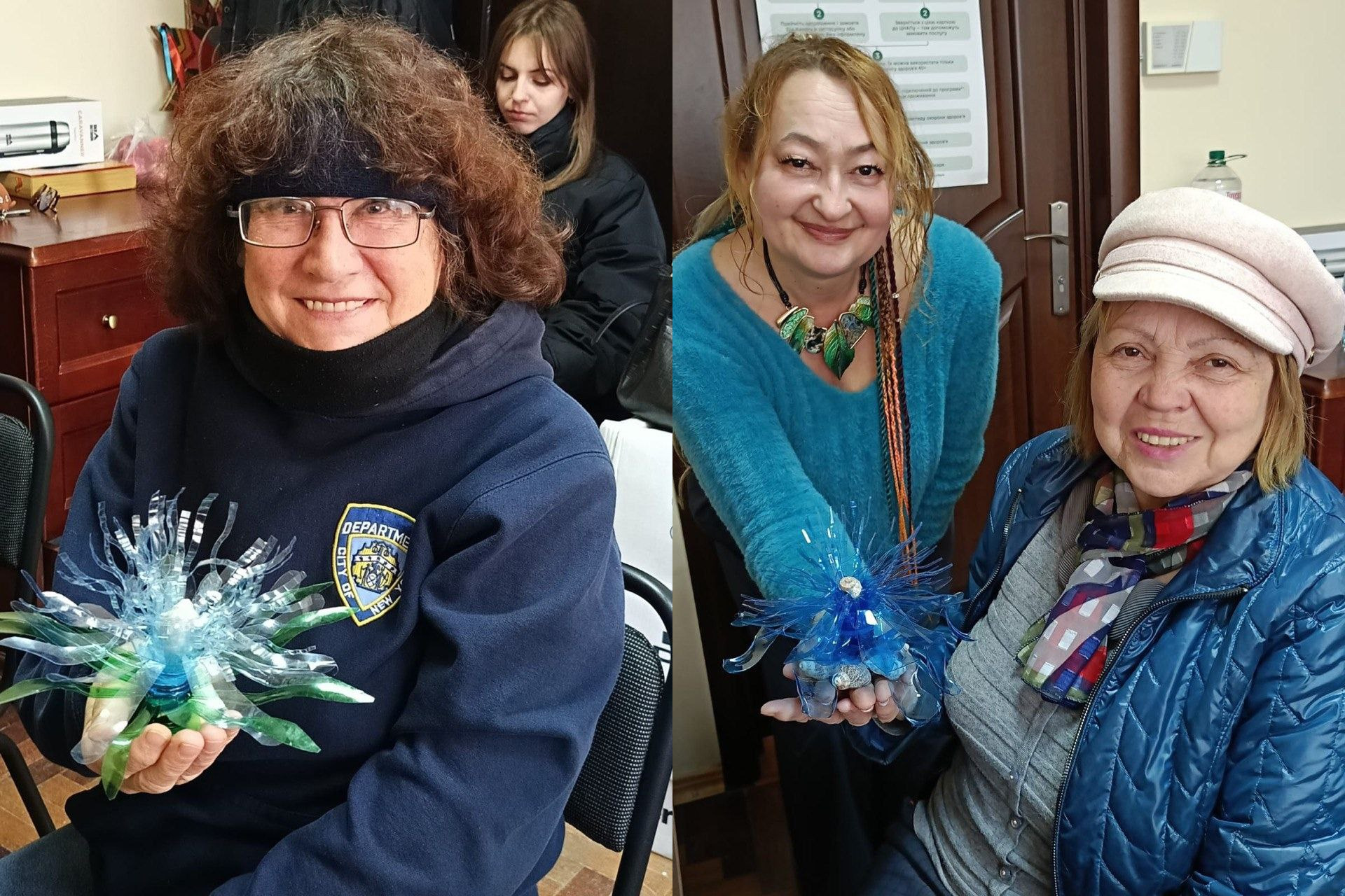 Колаж із двох фотографій, на яких жінки з усмішками демонструють саморобні квіти, виготовлені з блакитного та зеленого пластику.