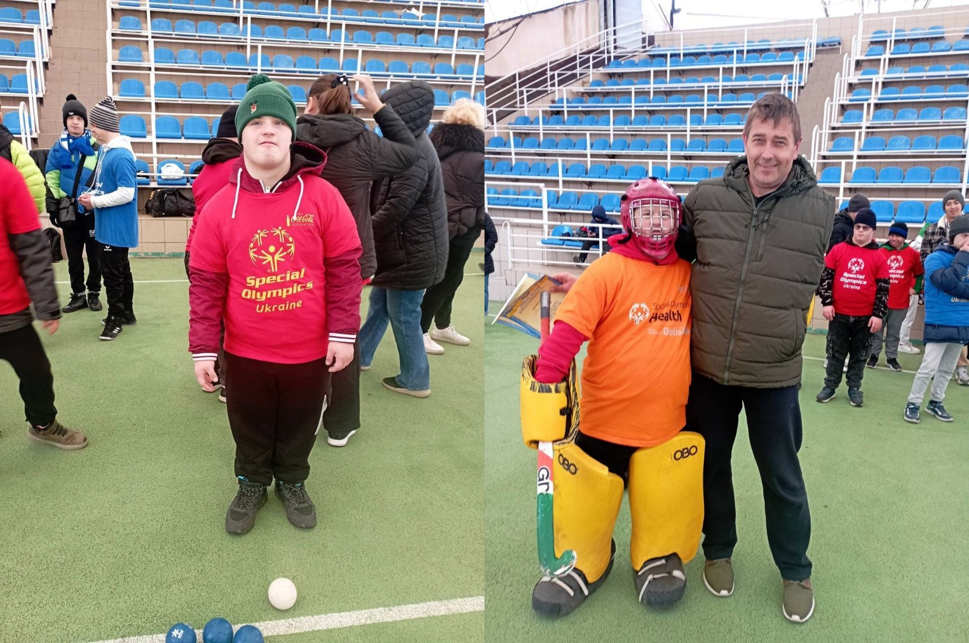 Колаж із двох фото на спортивному майданчику: зліва — хлопець у червоному худі з логотипом «Спеціальної Олімпіади України» стоїть біля куль для бочче; справа — гравець у повному екіпіруванні воротаря для хокею на траві стоїть поруч із чоловіком на фоні трибун.