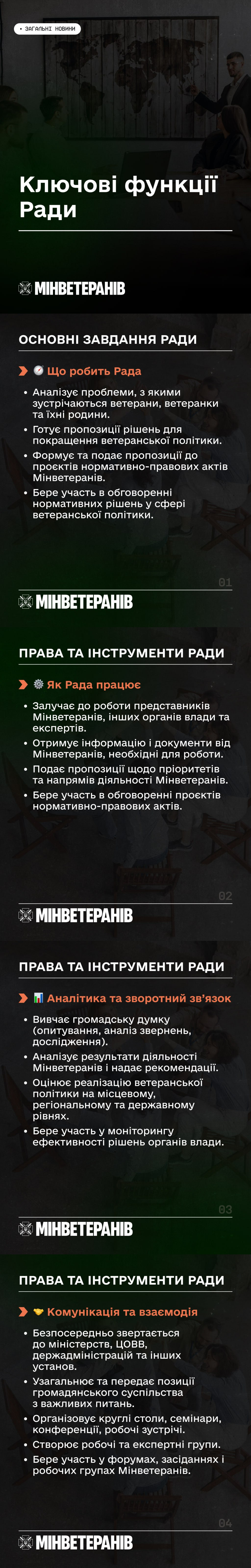 Вертикальна інфографіка Мінветеранів, розділена на кілька тематичних блоків, що описують діяльність Ради при Міністерстві у справах ветеранів України.