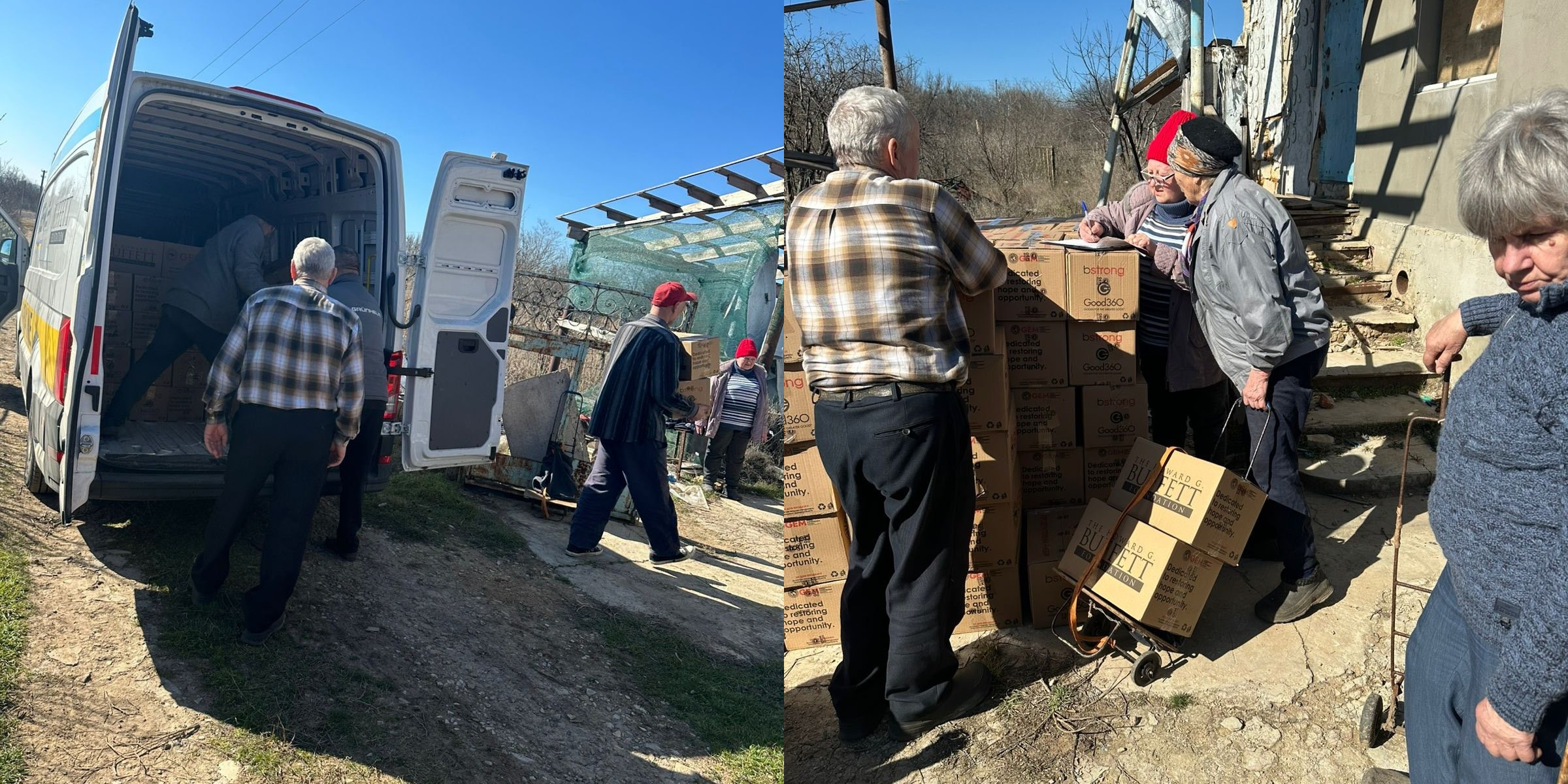 Колаж із двох фото, що демонструють роздачу гуманітарної допомоги: на лівому люди вивантажують коробки з білого мікроавтобуса, на правому — група людей біля складених коробок з логотипами GEM та Buffett Foundation.