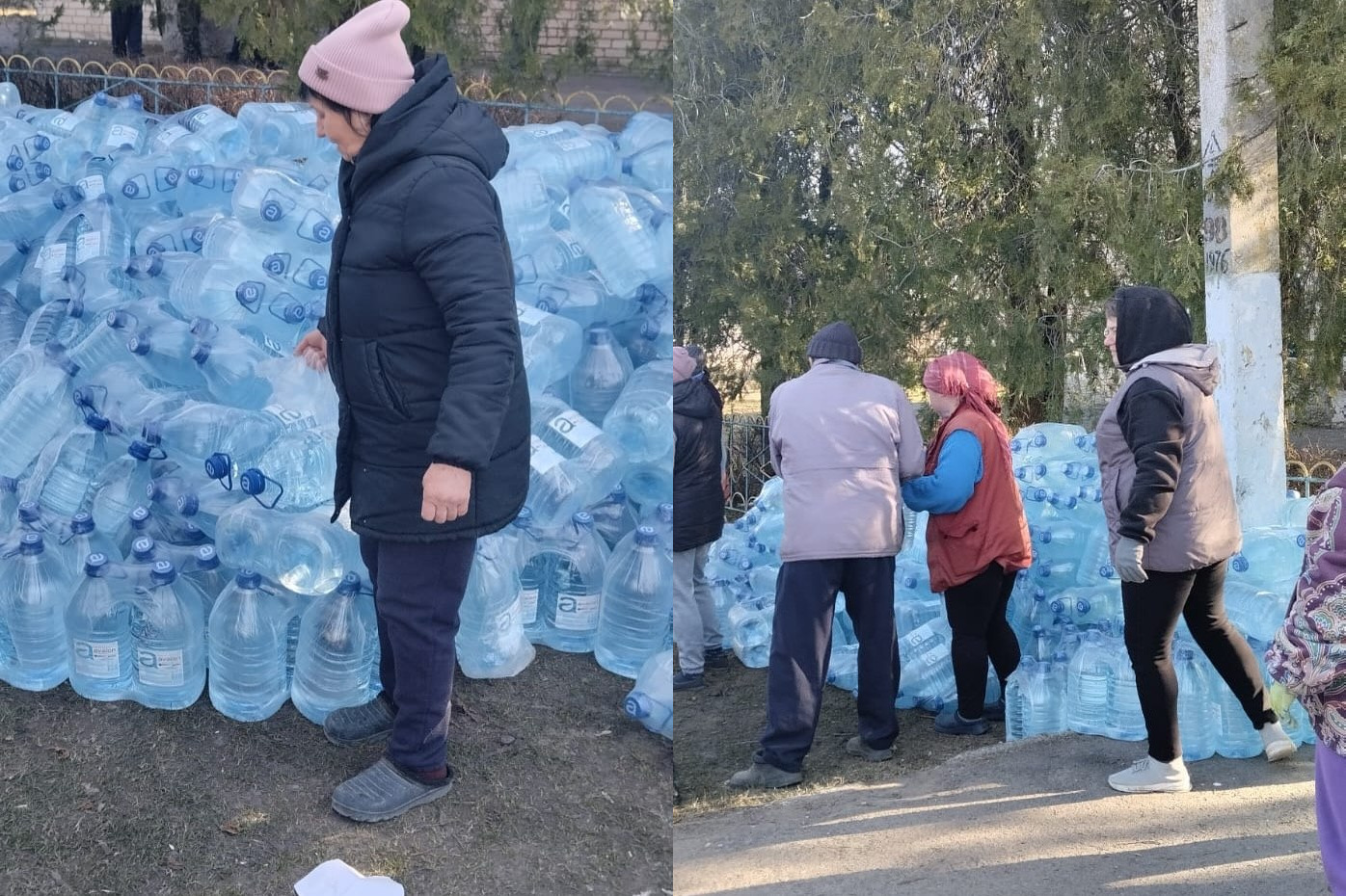 Колаж із двох фото: на лівому жінка стоїть поруч із величезною купою пластикових бутлів із питною водою, на правому — група людей розбирає воду з аналогічної купи просто неба.