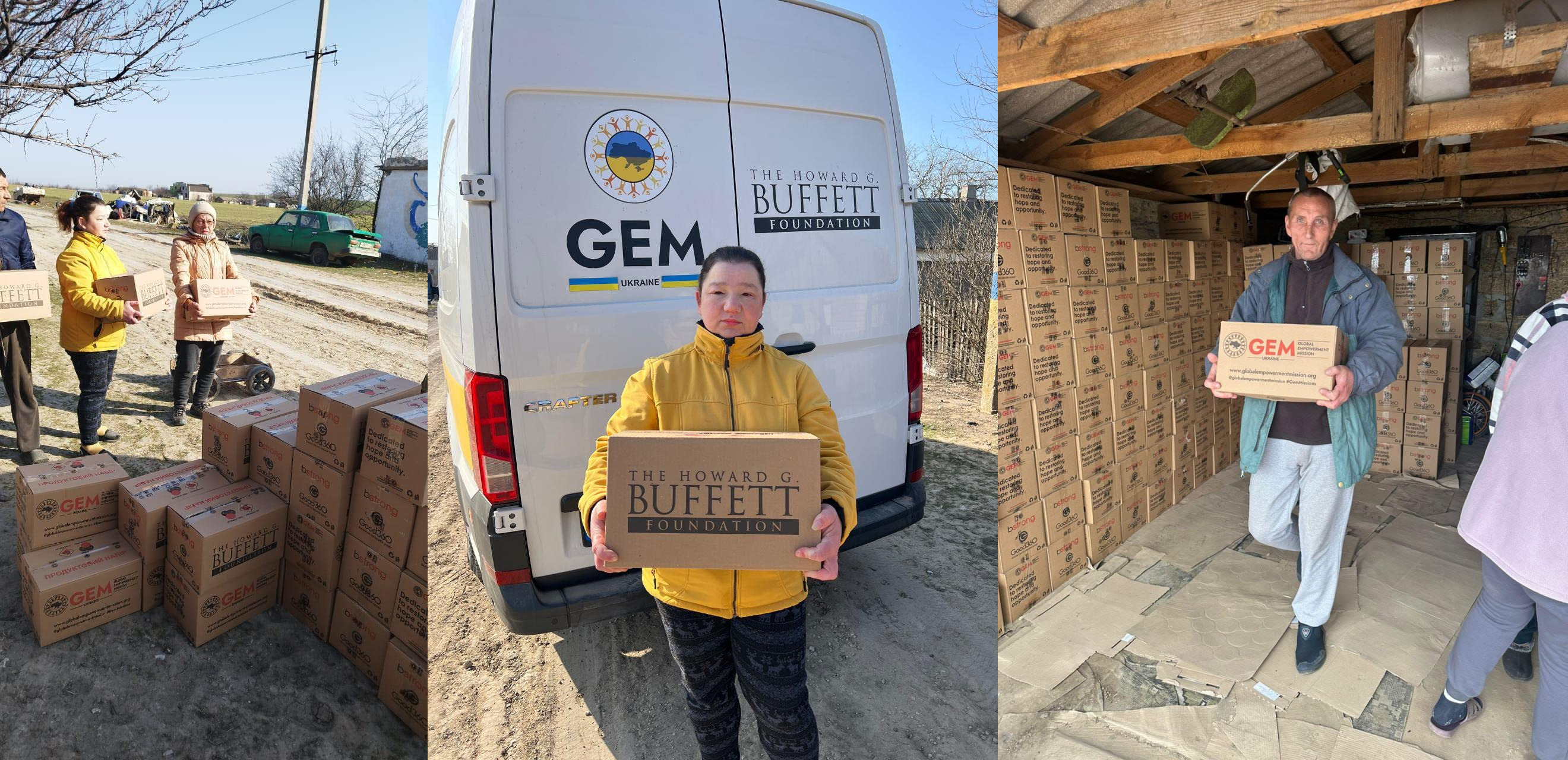 Колаж із трьох фото процесу видачі гуманітарної допомоги: люди тримають та розвантажують коробки з логотипами фондів GEM та The Howard G. Buffett Foundation поруч із білим мікроавтобусом та на складі.