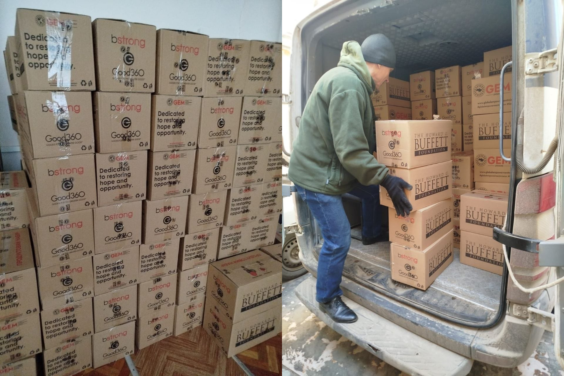 Колаж із двох фото: зліва — висока стіна з коробок гуманітарної допомоги GEM та Buffett Foundation; справа — чоловік розвантажує такі ж коробки з кузова мікроавтобуса.