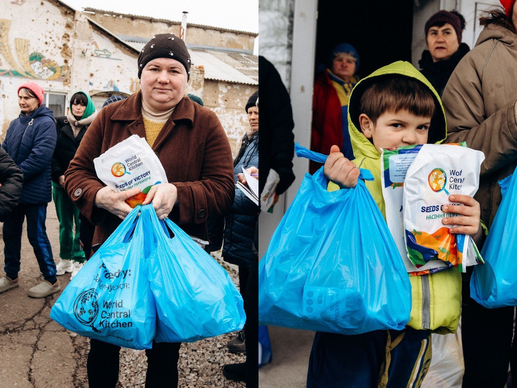 Колаж із двох фото: жінка та дитина тримають блакитні пакунки та набори насіння «Насіння перемоги» від World Central Kitchen. На фоні видно пошкоджені будівлі та чергу людей.