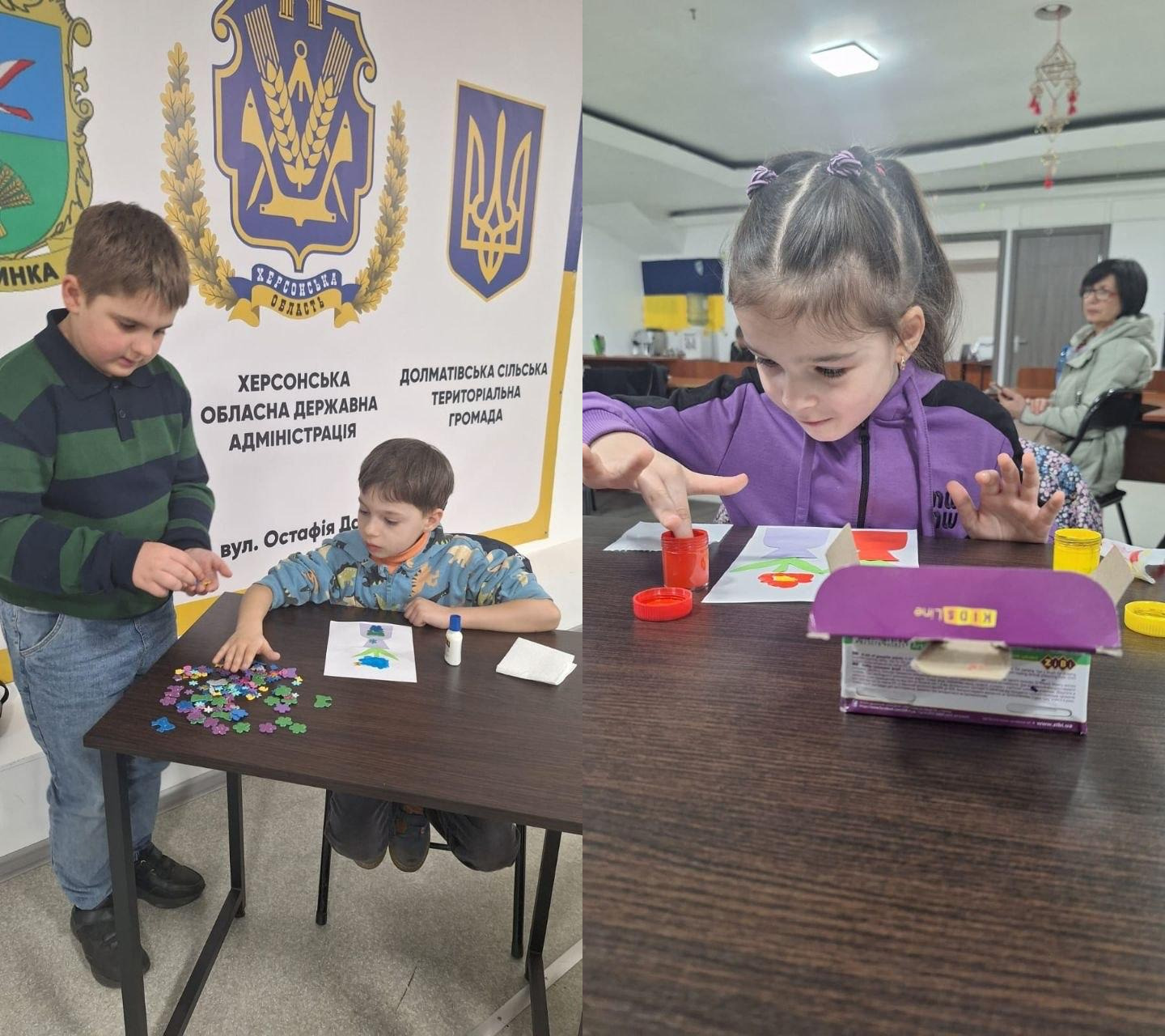 Колаж із двох фотографій, на яких діти займаються творчістю за столами. На лівому знімку двоє хлопчиків роблять аплікацію з дрібних деталей, на правому — дівчинка малює пальчиковими фарбами.