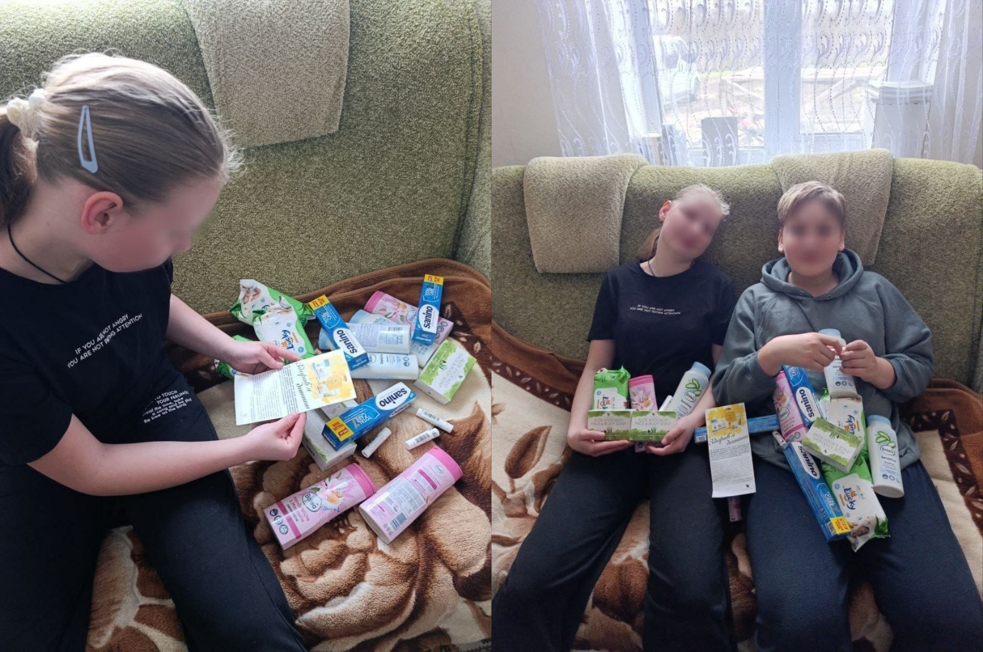 Колаж із двох фотографій, на яких діти з розмитими обличчями сидять на дивані з великою кількістю засобів гігієни. На одному фото дівчинка розглядає інформаційну листівку, а на іншому — двоє дітей тримають отриману допомогу.