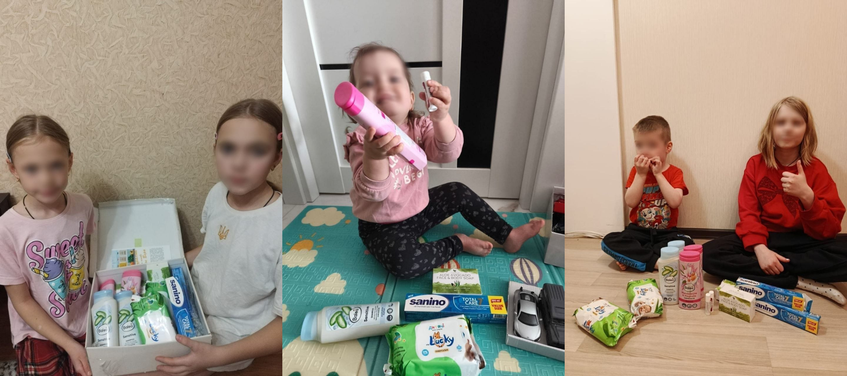 Колаж із трьох фотографій, на яких діти з розмитими обличчями позують із отриманими наборами засобів гігієни. На знімках видно зубну пасту, шампуні, мило та вологі серветки, розкладені поруч із дітьми.