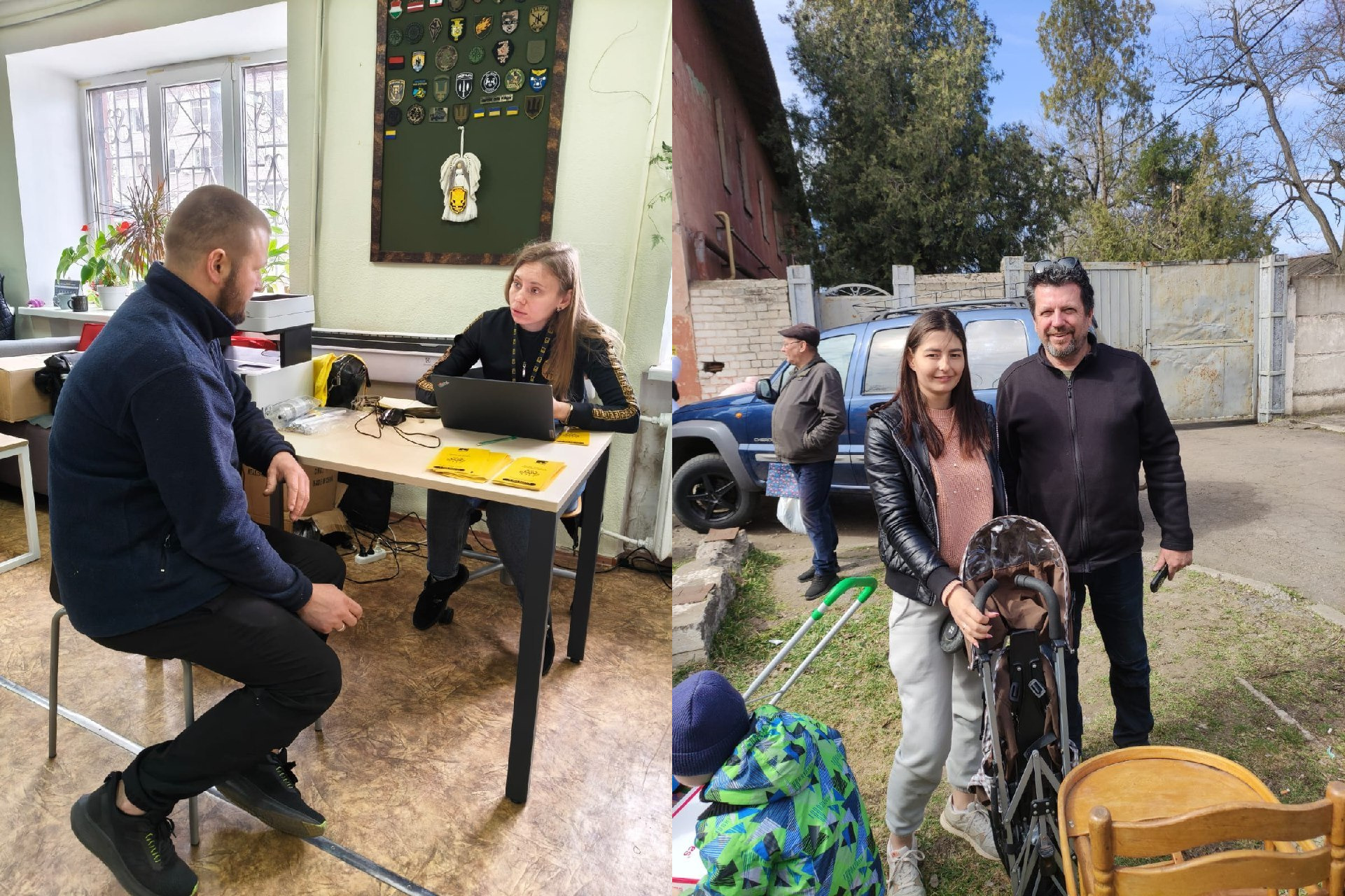 Колаж із двох фотографій, що ілюструють надання допомоги: зліва — процес реєстрації або консультації особи в офісному приміщенні, справа — люди з дитячим візочком на подвір'ї поруч із автомобілем.