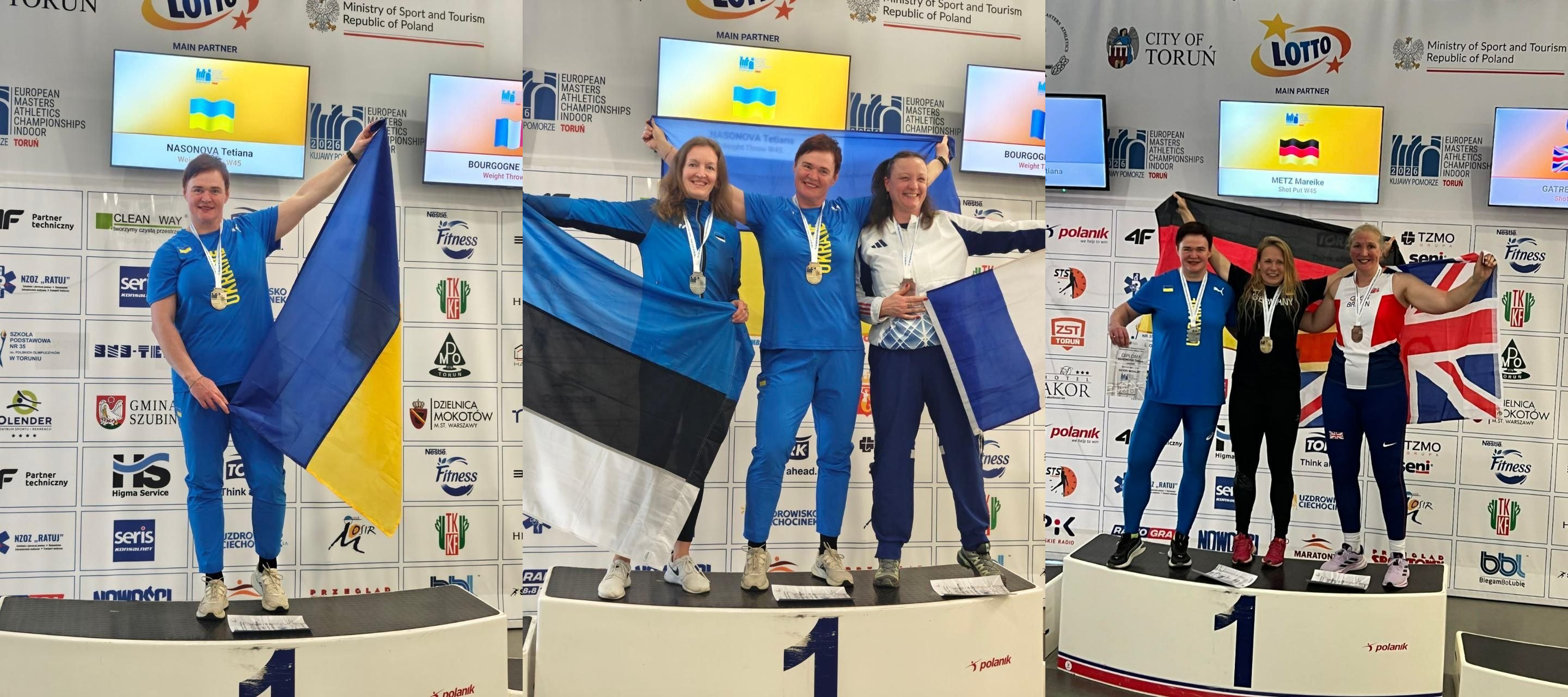 Колаж із трьох фотографій з церемоній нагородження на спортивних змаганнях у приміщенні. Атлети стоять на п'єдесталі з медалями та національними прапорами України, Естонії та Великої Британії на фоні банера зі спонсорами та екранів.