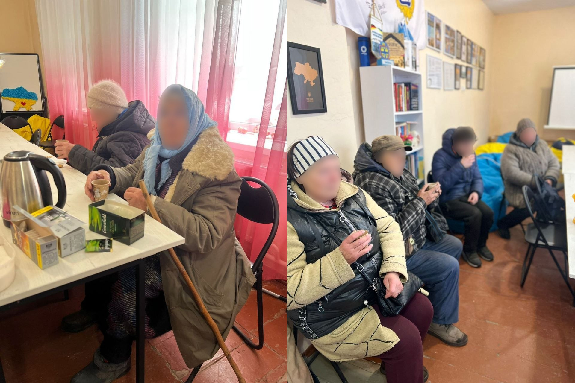 Колаж із двох фото, на яких група людей відпочиває у приміщенні: на лівому знімку двоє осіб сидять за столом із чаєм, на правому — четверо людей розмістилися вздовж стіни на стільцях та кріслах-мішках. Обличчя всіх присутніх ретушовані для збереження анонімності, а в інтер'єрі присутня українська символіка.