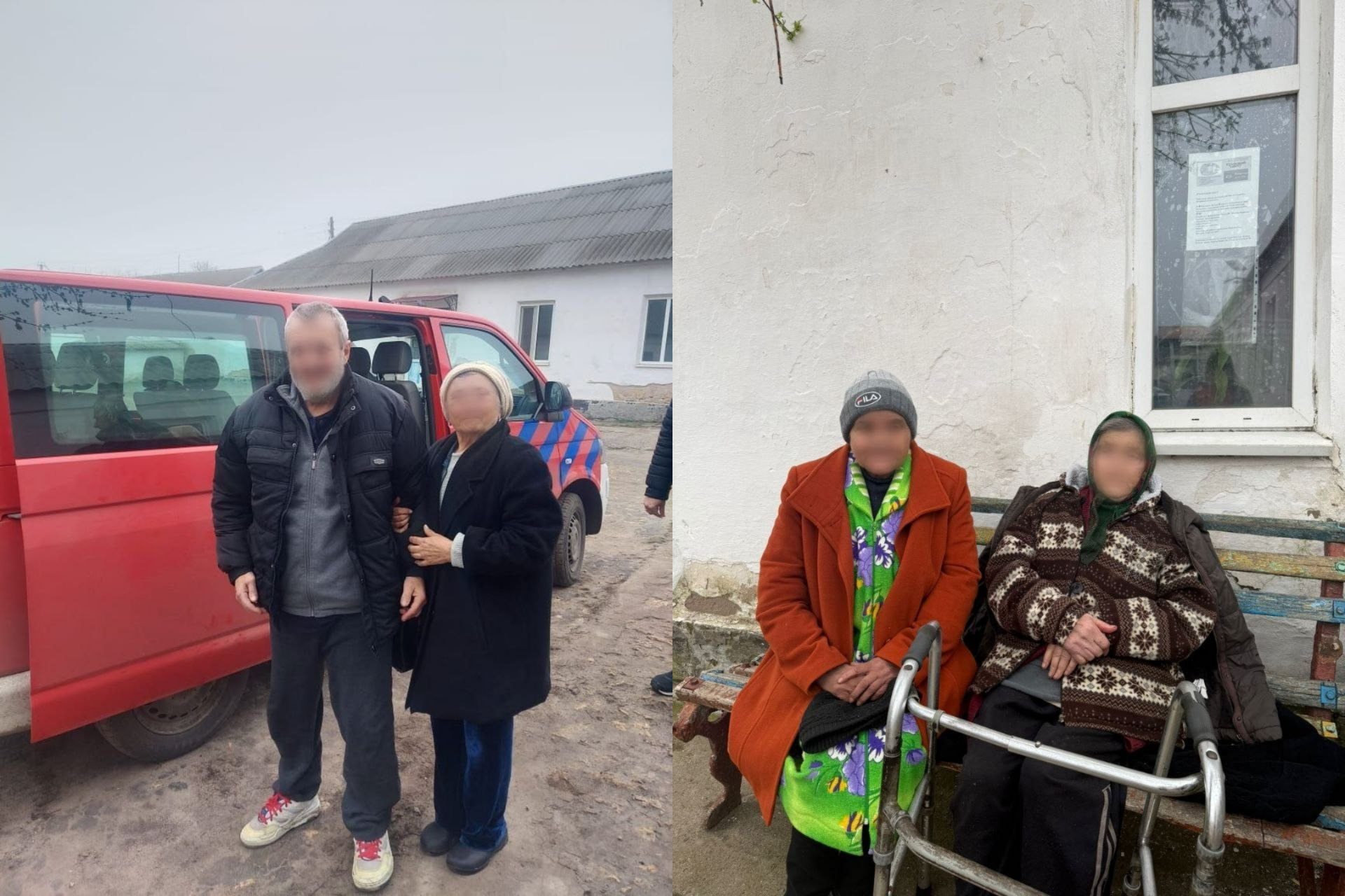 Колаж із двох фото про евакуацію: ліворуч чоловік і жінка біля мікроавтобуса, праворуч двоє літніх жінок на лавці, одна з них із ходунками.