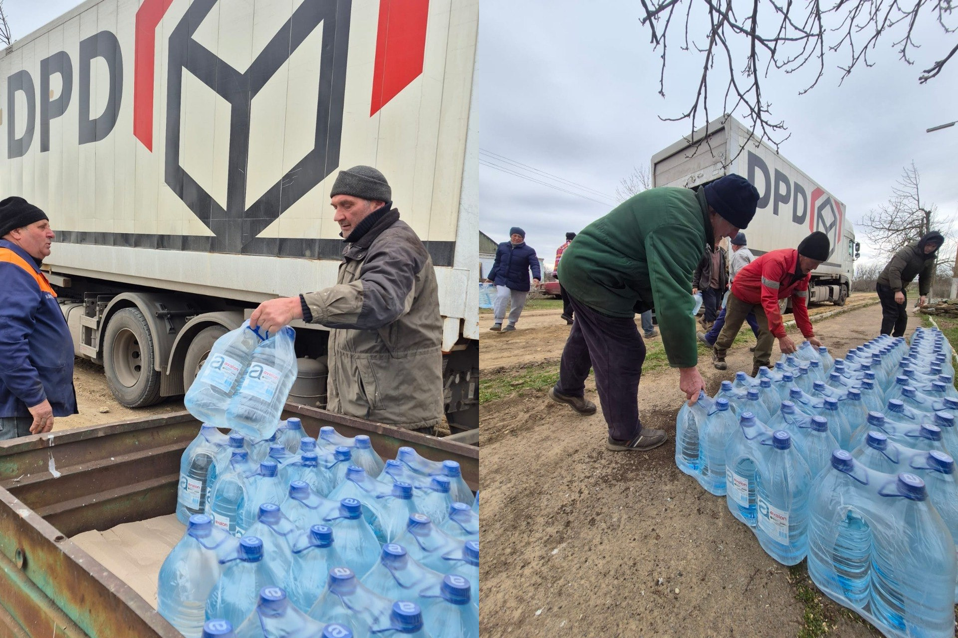 Колаж із двох фото: чоловіки розвантажують з фургона DPD великі бутлі з питною водою та виставляють їх рядами на землю.