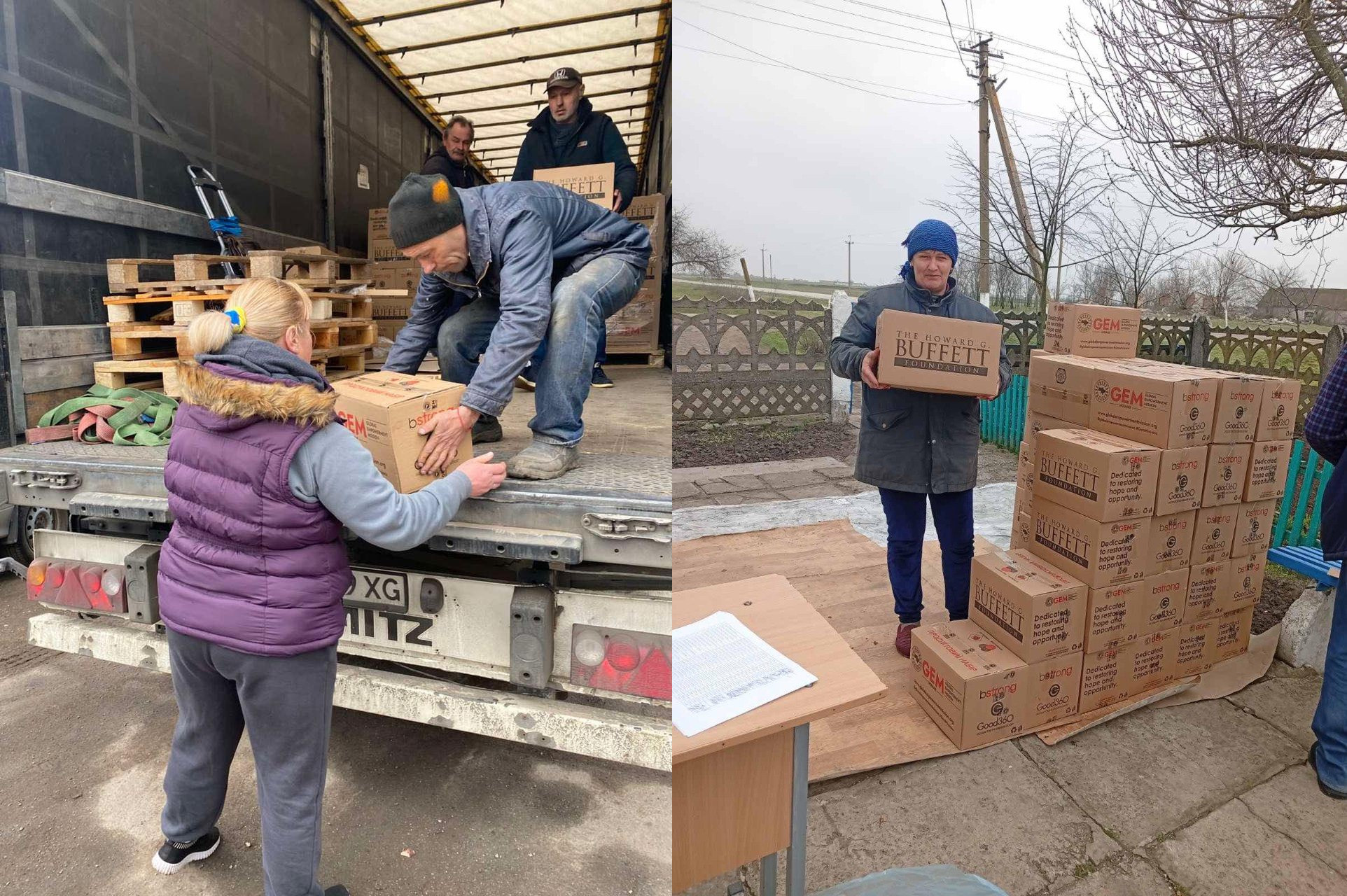 Колаж із двох фото, що демонструють розвантаження гуманітарної допомоги. На лівому фото люди розвантажують коробки з вантажівки, на правому — жінка тримає коробку GEM поруч із високим стосом аналогічних пакунків.