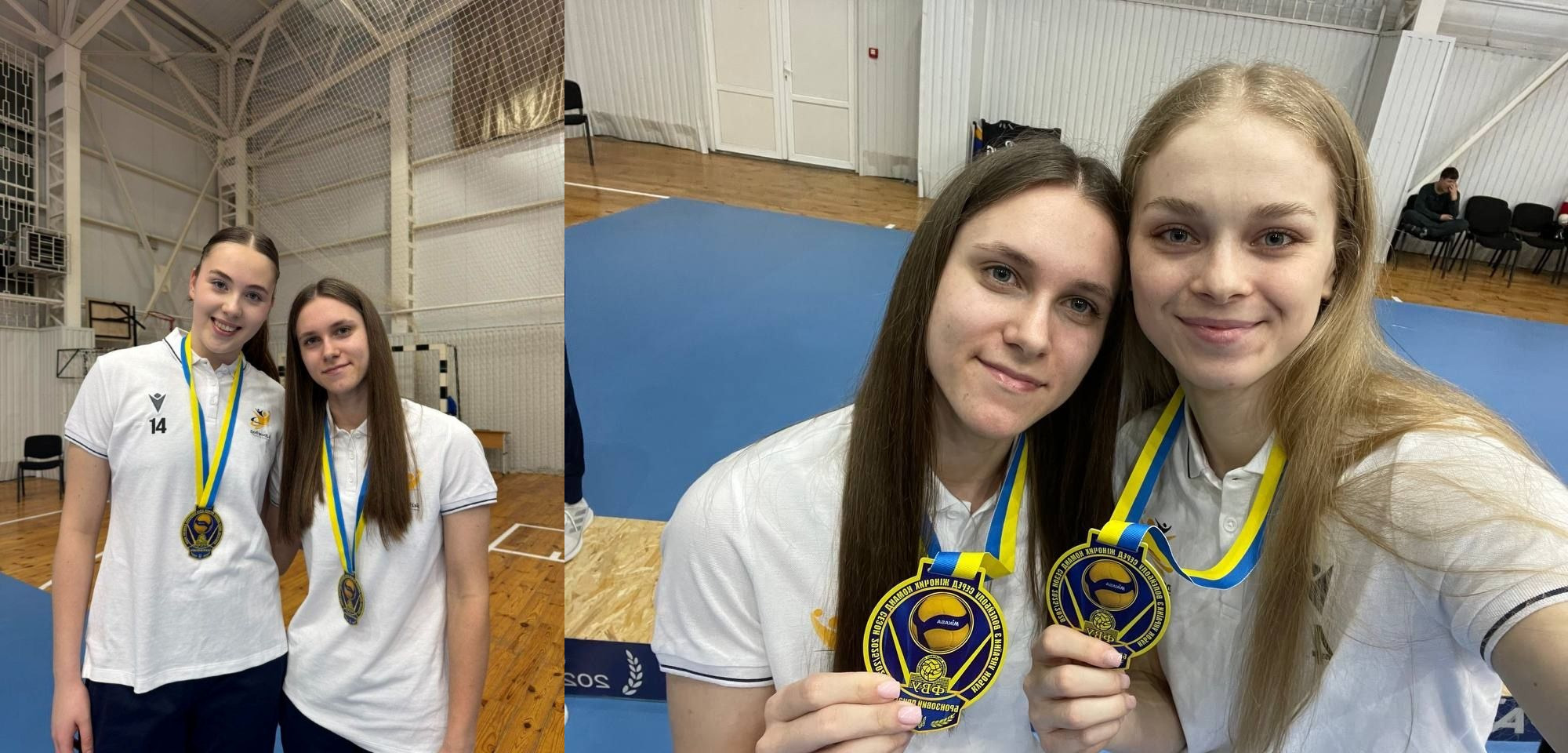 Колаж із двох фотографій, на яких дві молоді спортсменки у білій формі позують із золотими медалями на синьо-жовтих стрічках у спортивному залі. На медалях зображено волейбольний м’яч та логотип Федерації волейболу України.