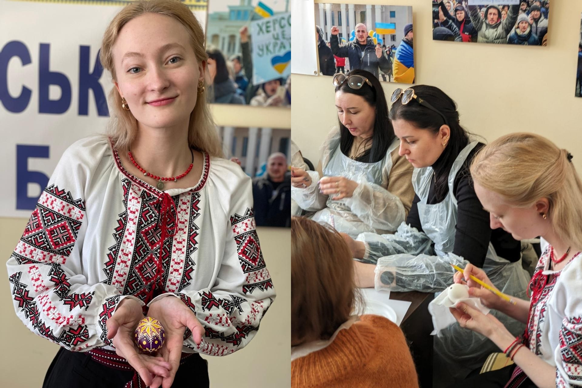 Колаж із двох фото: дівчина у вишиванці тримає готову писанку з фіолетовим візерунком, та жінки за столом, які разом навчаються розписувати яйця у творчій майстерні.
