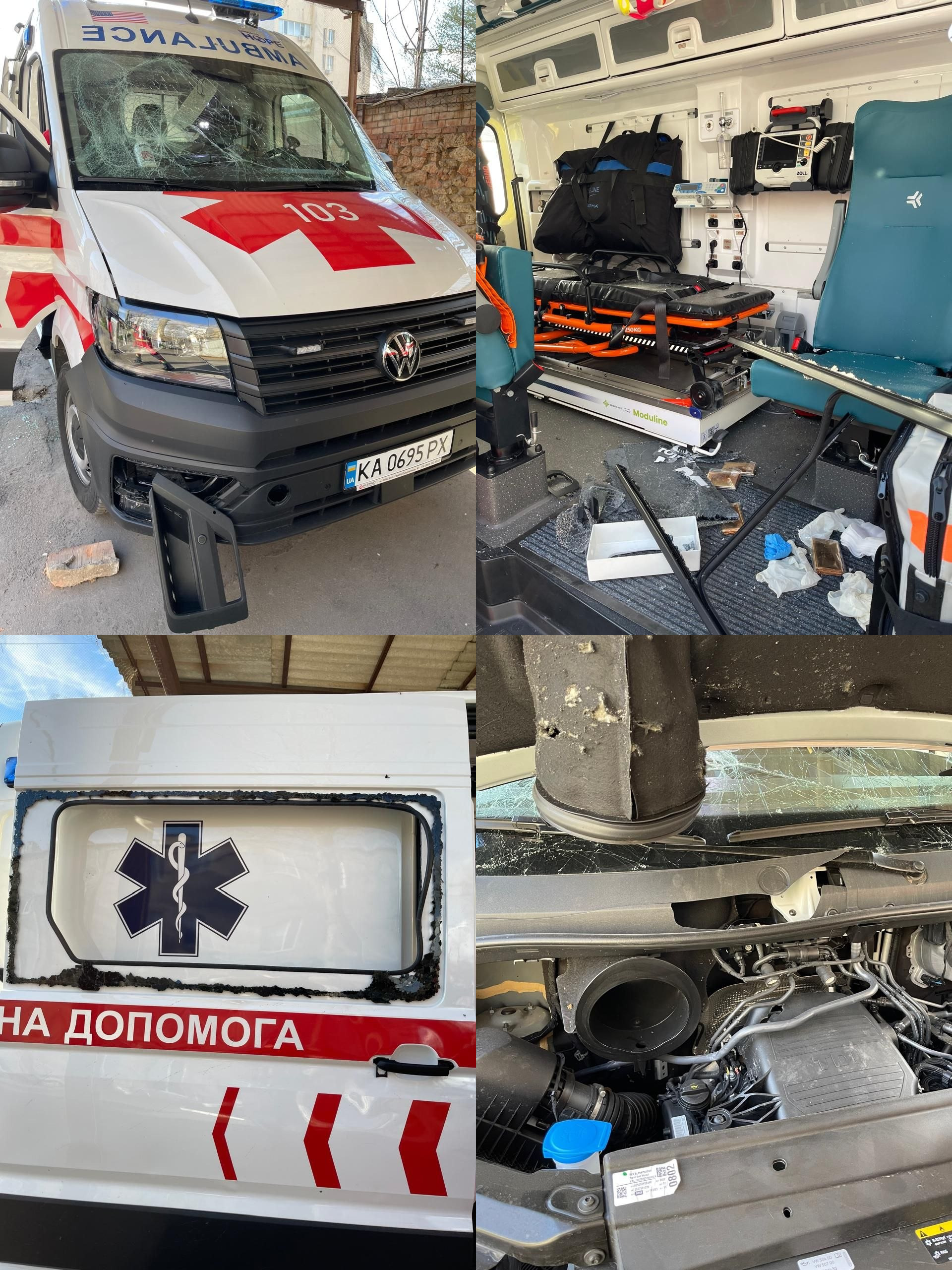 Колаж із чотирьох фотографій пошкодженого автомобіля швидкої допомоги. На знімках видно розбите лобове скло, вибиті бічні вікна, розкидане медичне обладнання всередині салону та наслідки влучання у моторний відсік.