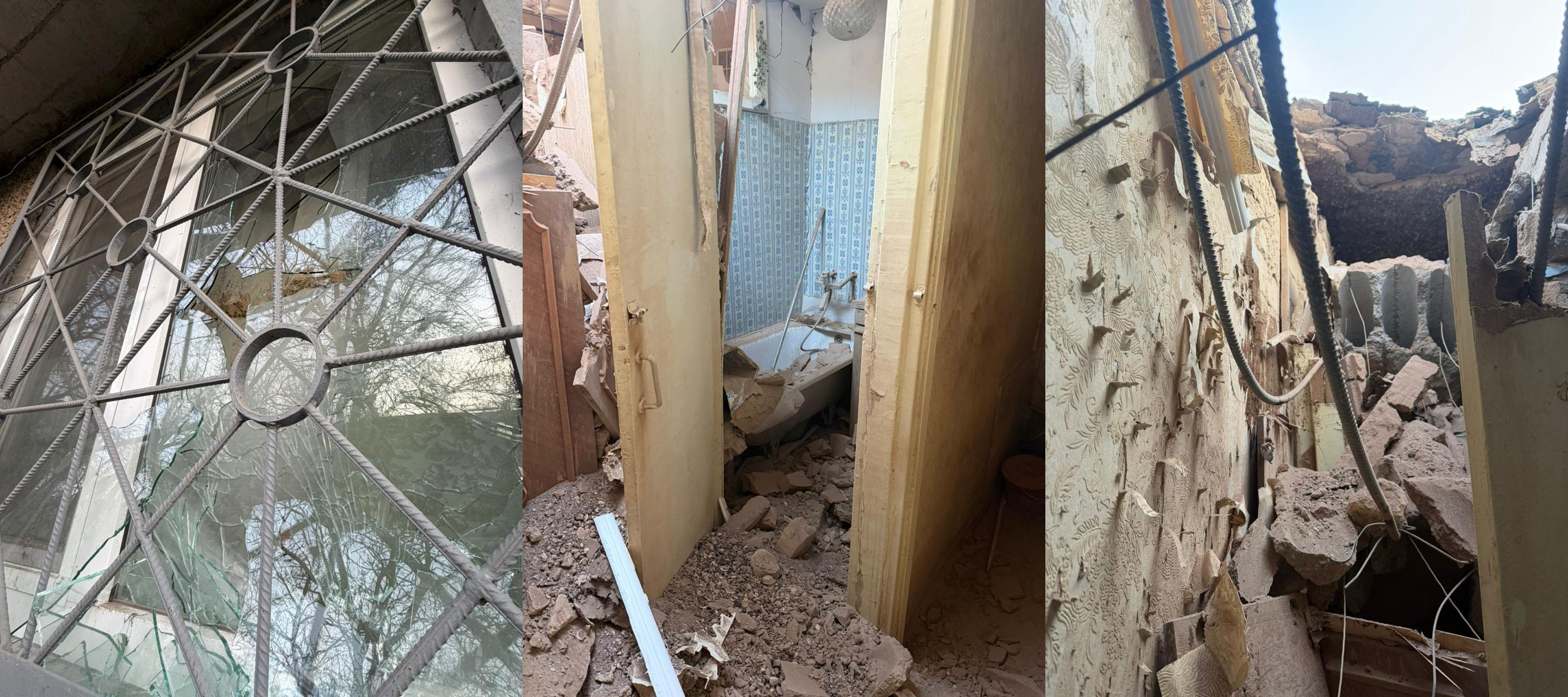 Три панелі, що демонструють значні руйнування будівлі: розбите вікно з металевою решіткою, ванна кімната, засипана уламками стін, та вид на обвалену стелю й пошкоджені внутрішні конструкції.